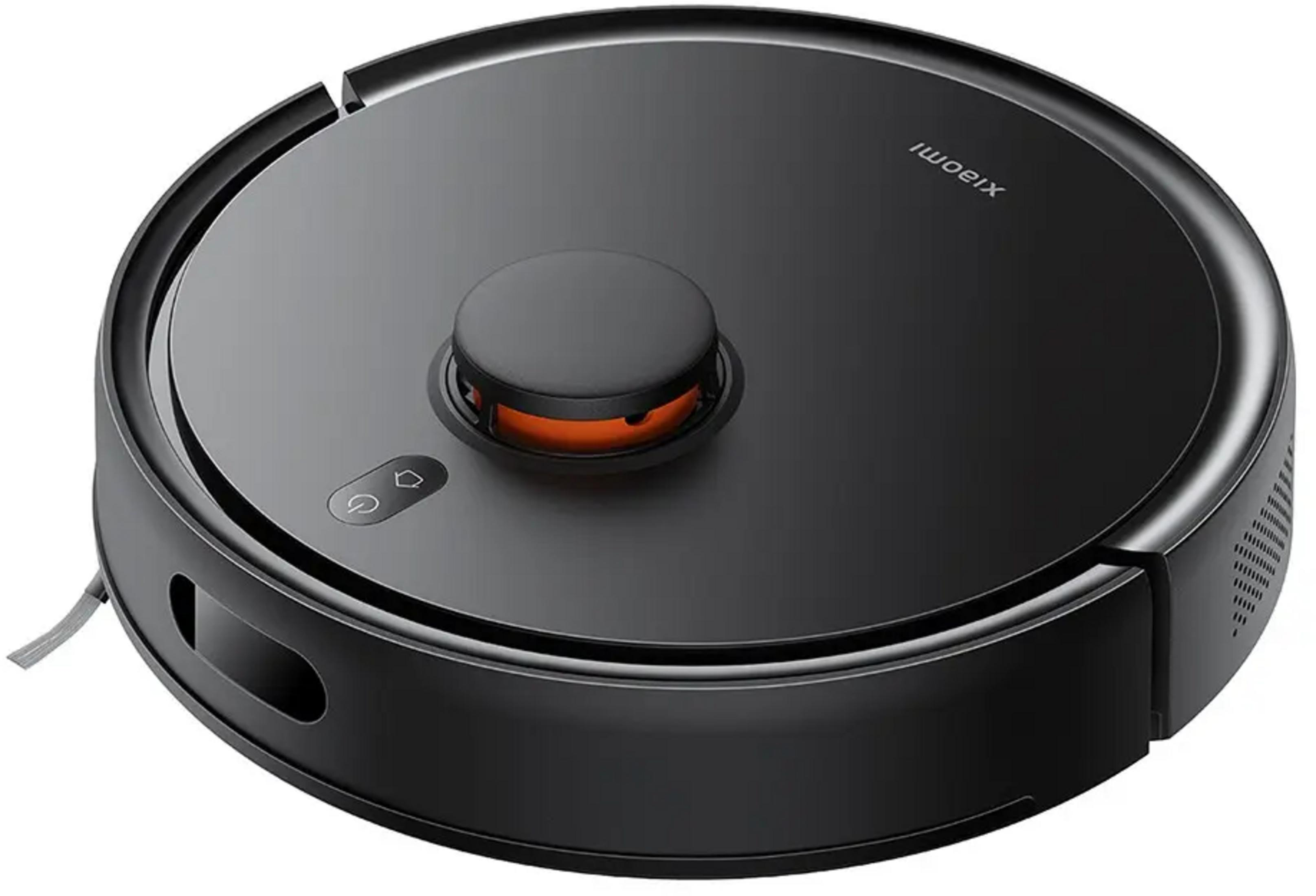 Okrągły, czarny robot sprzątający z pomarańczowym pierścieniem świetlnym i przyciskami sterowania.