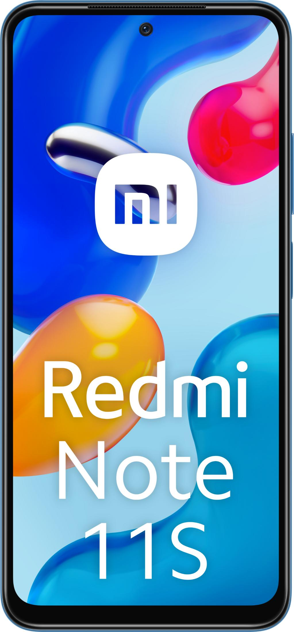 Xiaomi Redmi Note 11S logo and text on blue background with colorful bubbles.