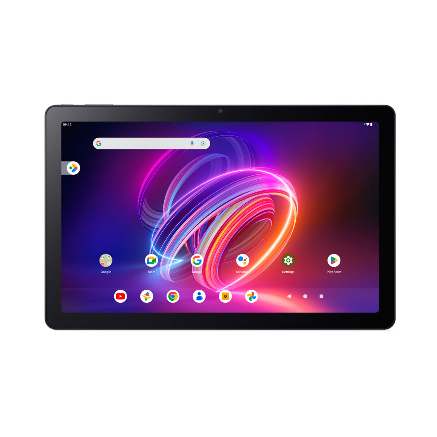 Czarny tablet z kolorowym tłem i ikonami aplikacji na ekranie.