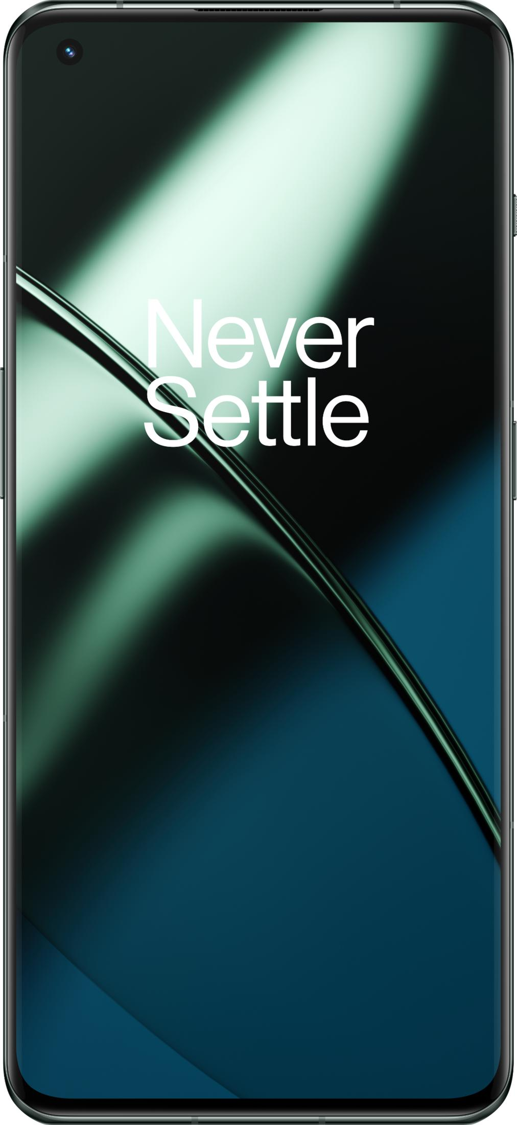 Ein Smartphone mit dem Schriftzug "Never Settle" auf dem Bildschirm.