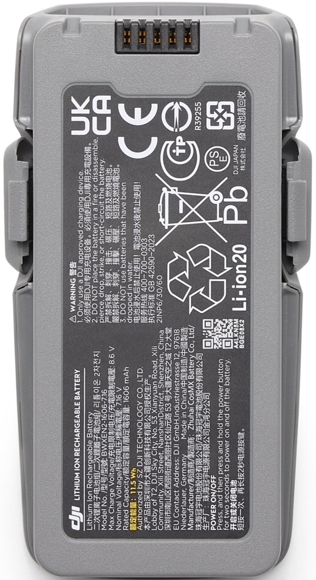 Batería gris con etiquetas como 'DJI', 'Li-ion 20', CE, UKCA.