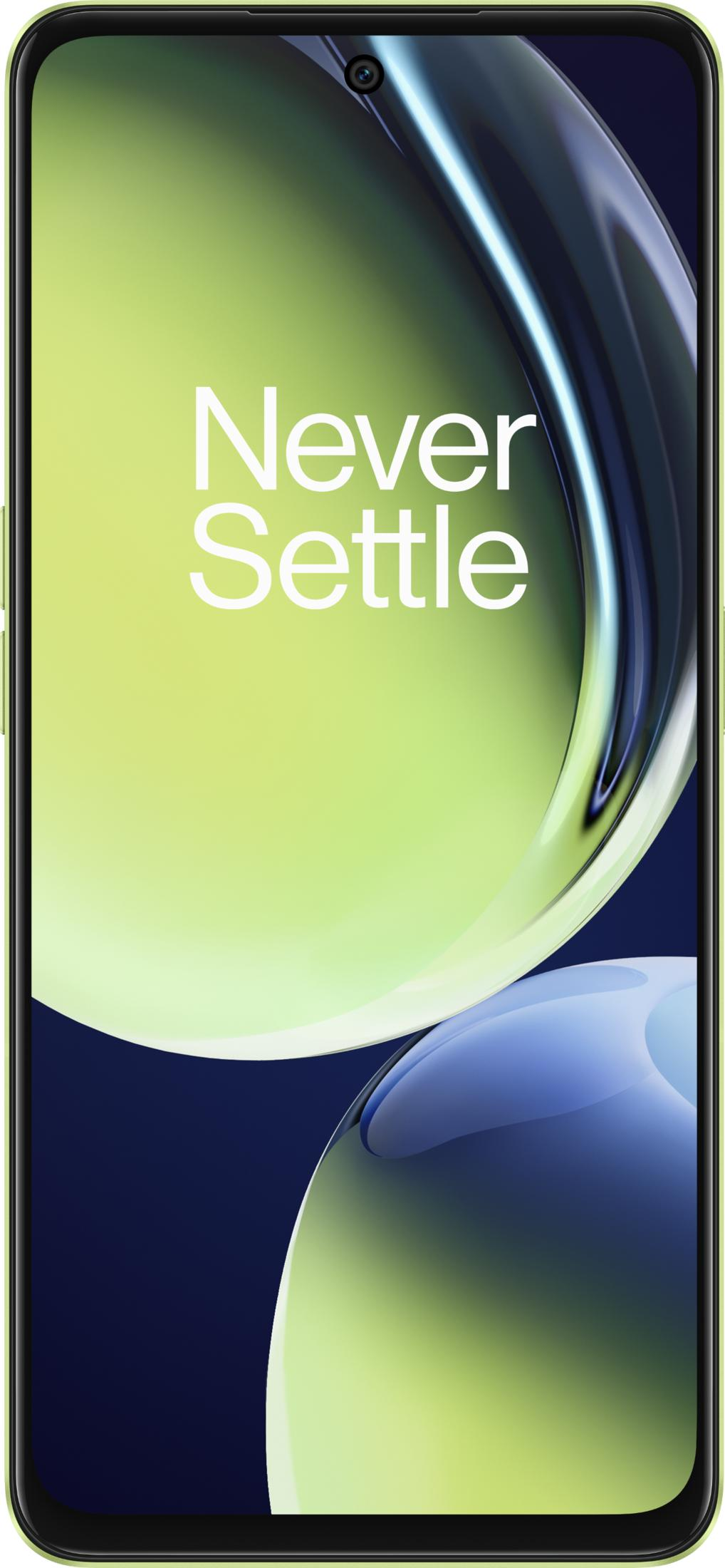 Ein Smartphone mit dem Text "Never Settle" auf einem grünen Hintergrund.