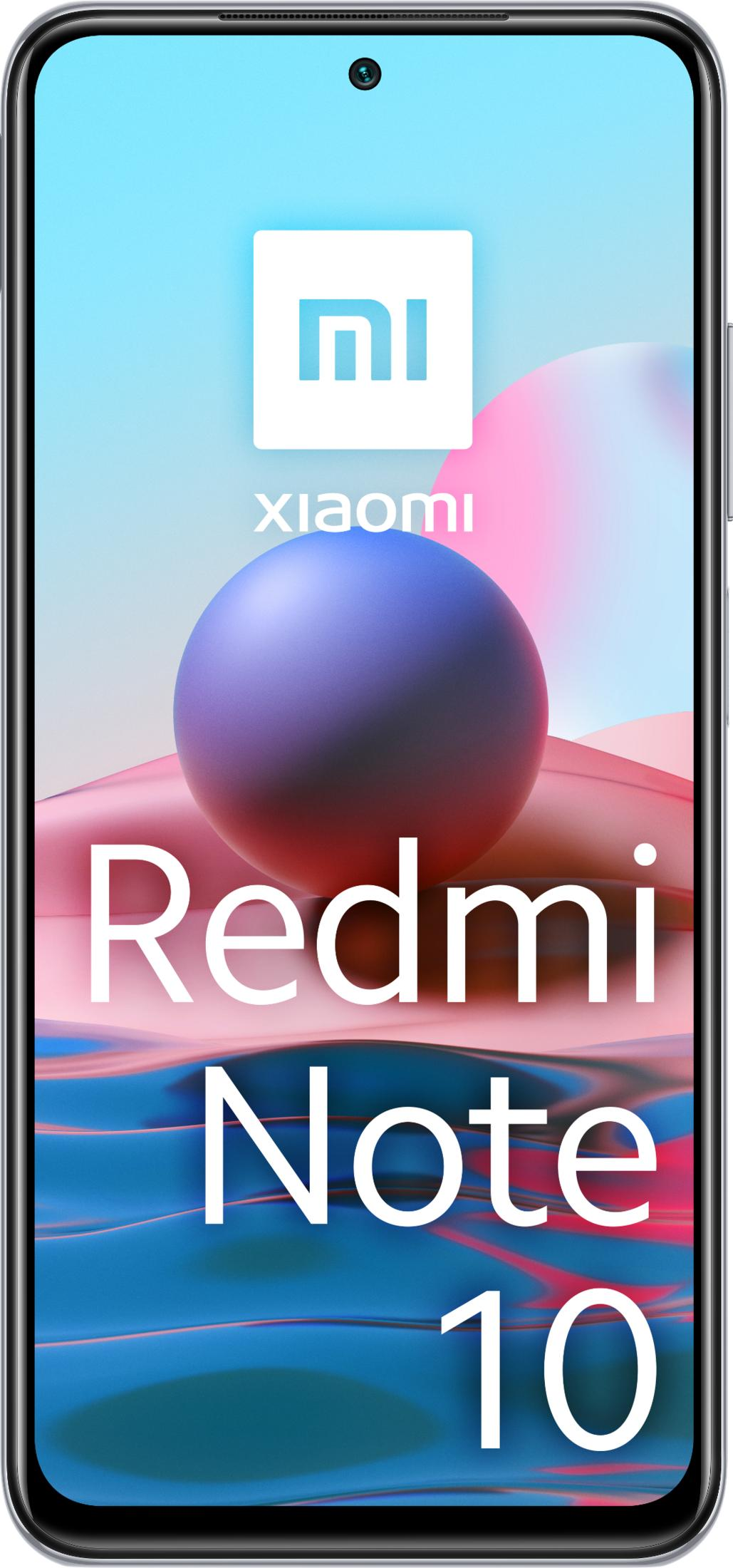 Xiaomi Redmi Note 10 smartphone featuring white Mi logo and blue sphere.