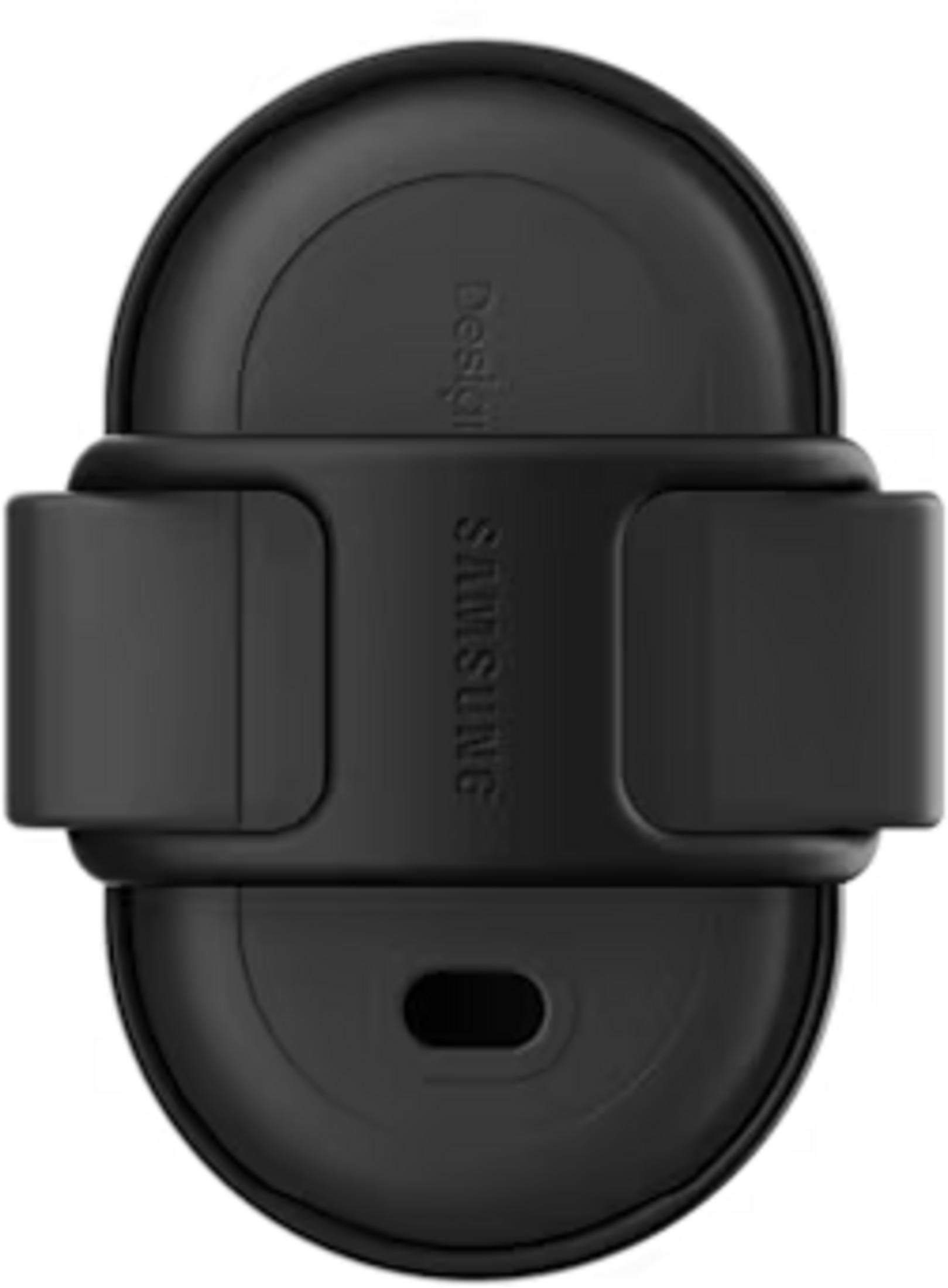 Caricatore wireless Samsung nero con cinturino. Visto dall'alto.