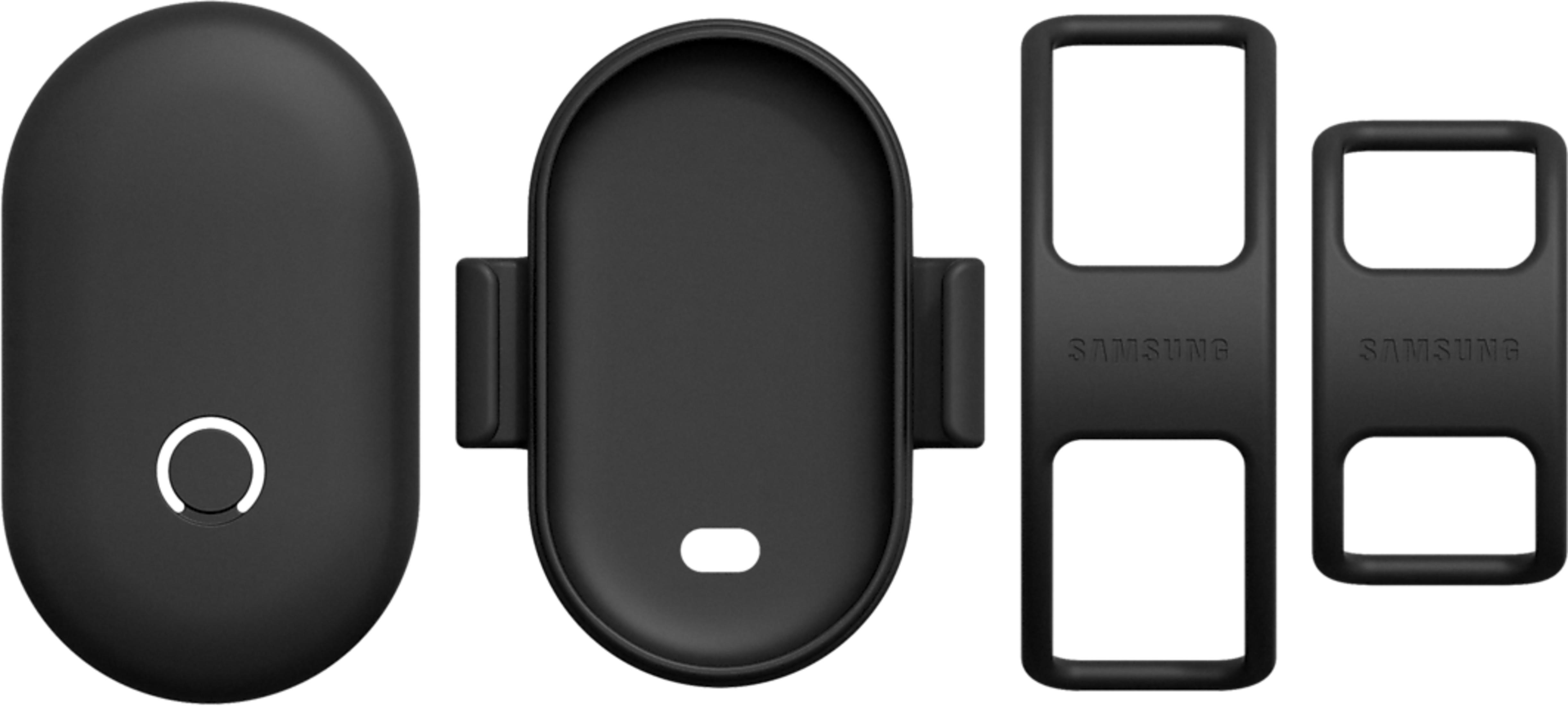Quattro accessori neri Samsung: una custodia ovale, un supporto e due cornici rettangolari.