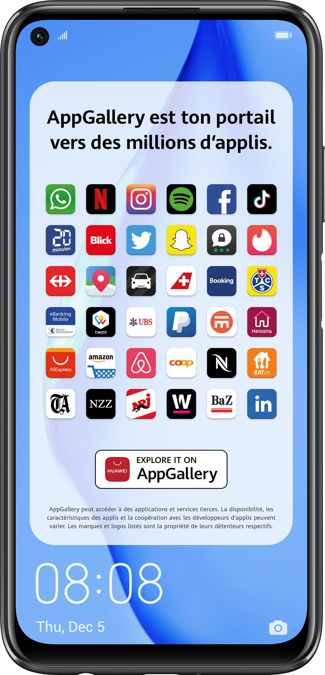 Smartfon wyświetla AppGallery z wieloma ikonami aplikacji i godziną 08:08.