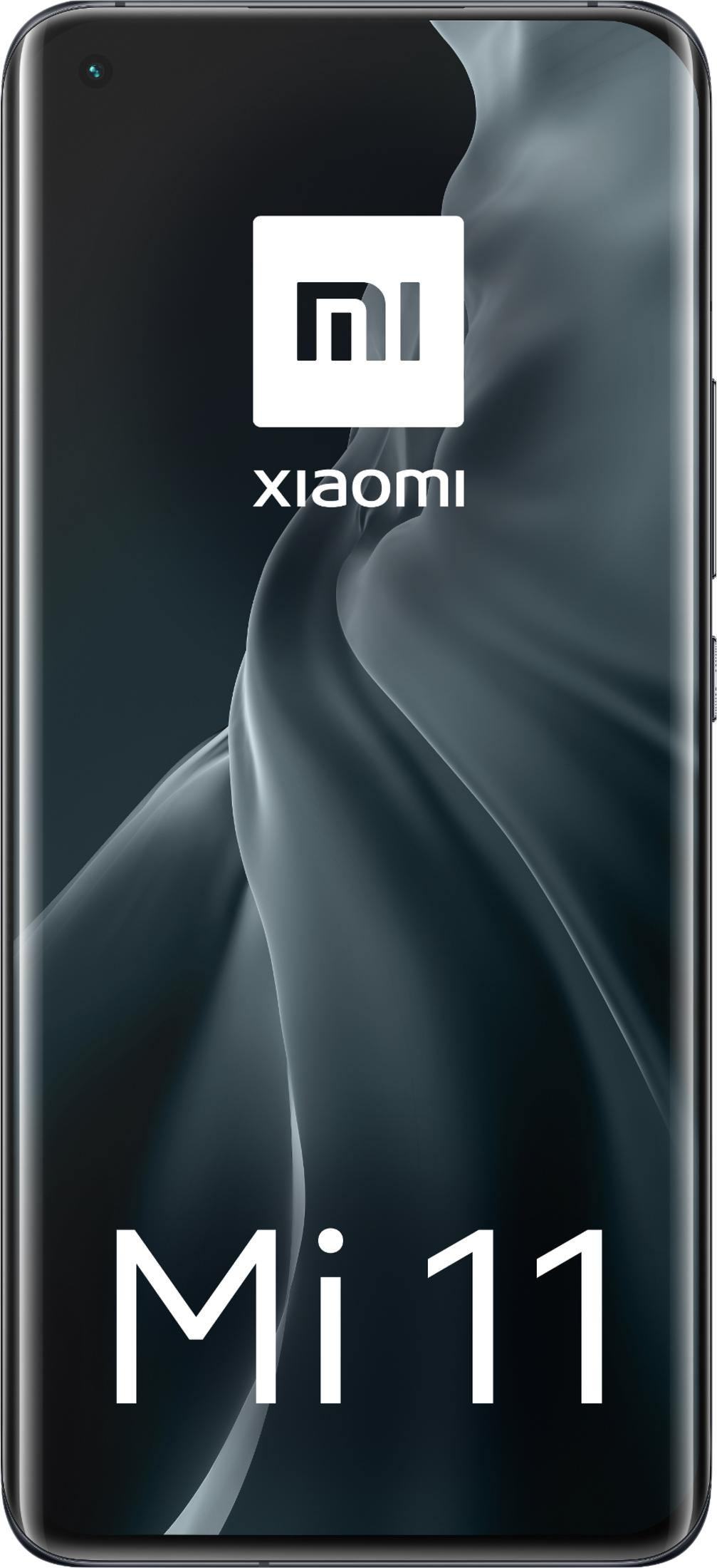 Smartfon Xiaomi Mi 11 z logo i szarym, kwiatowym tłem.