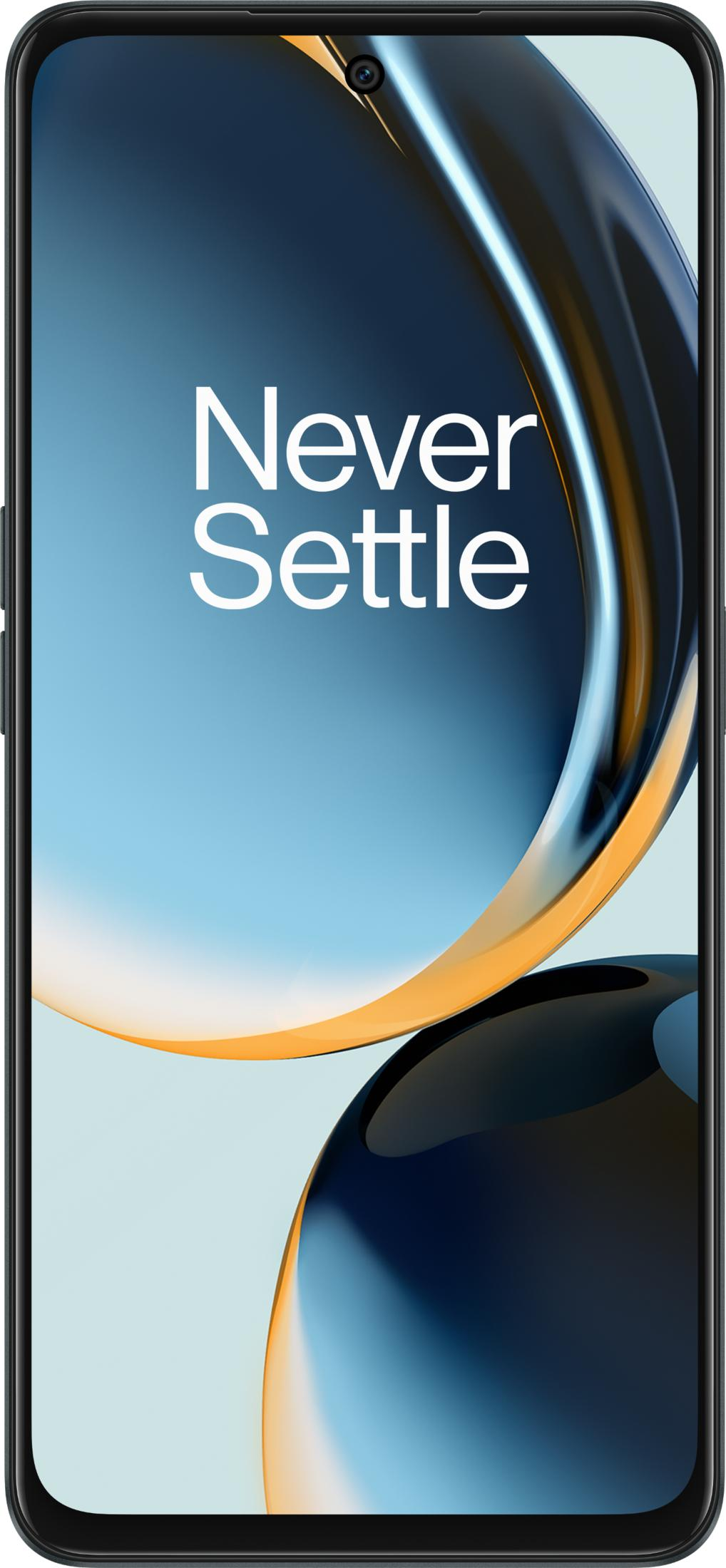 Ein Smartphone mit dem Text „Never Settle“ auf blauem Hintergrund.