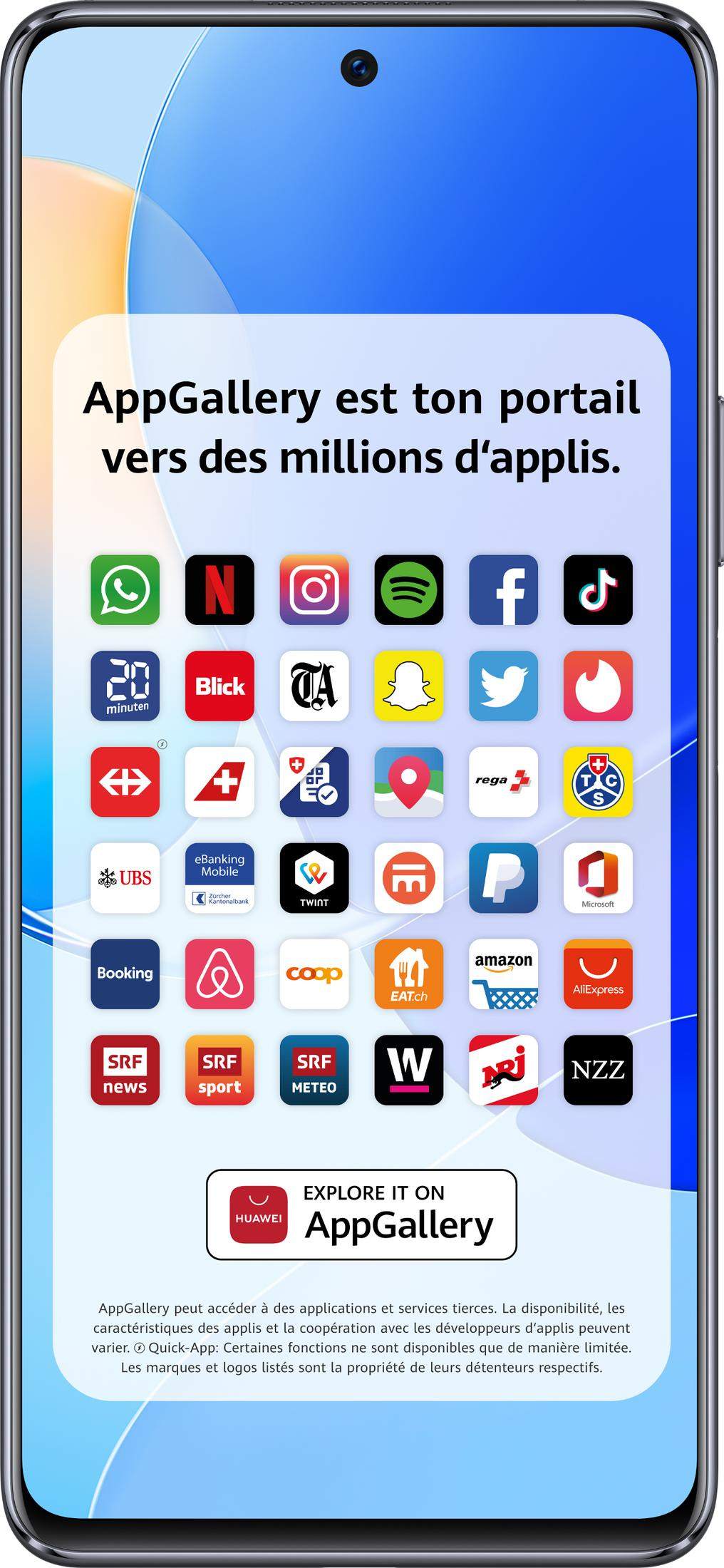 Smartphone zeigt AppGallery mit vielen App-Icons wie WhatsApp, Netflix, Spotify, Facebook.