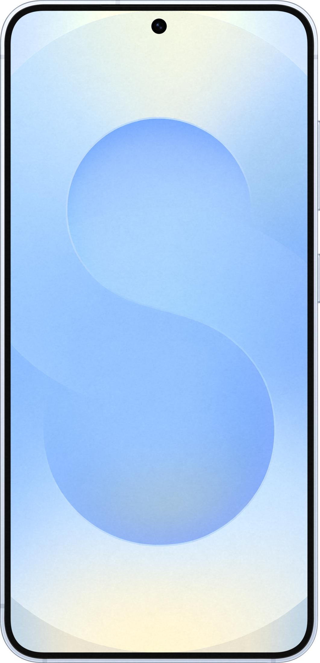 Un teléfono inteligente con fondo azul y amarillo y un patrón central en forma de S.