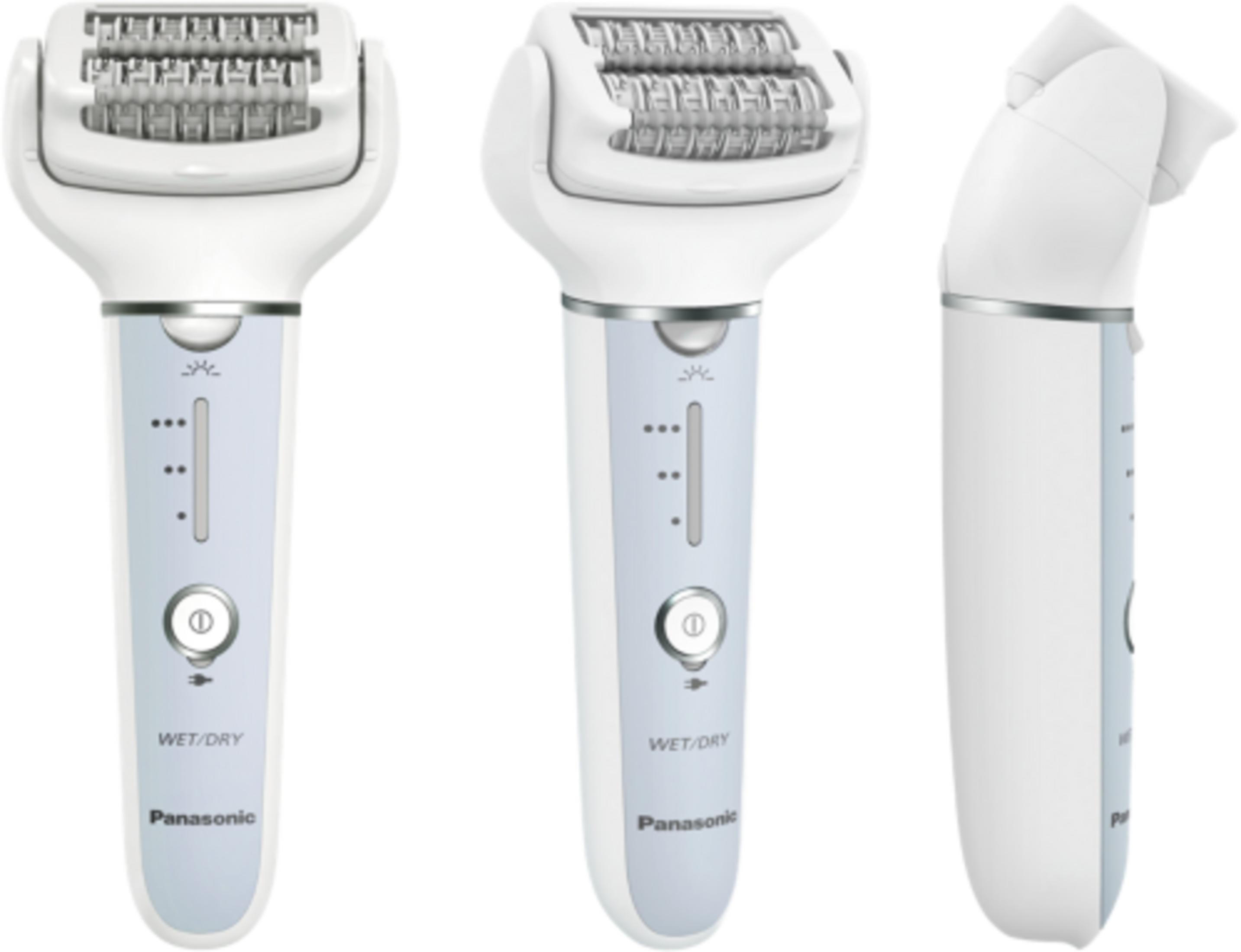 Biały depilator Panasonic ze srebrnymi akcentami, trzy widoki.