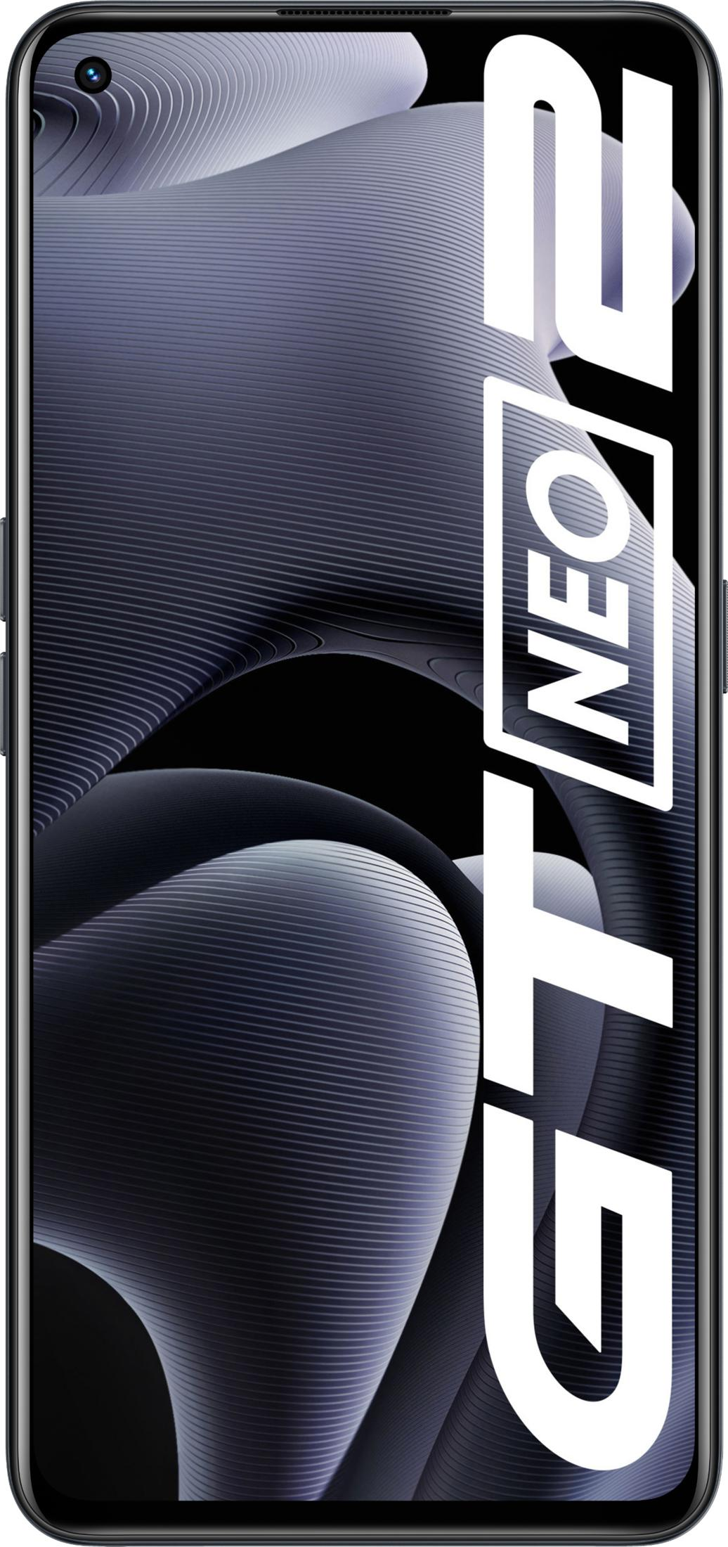 Ein schwarzes Smartphone mit dem Text "GT NEO 2" auf dem Bildschirm.