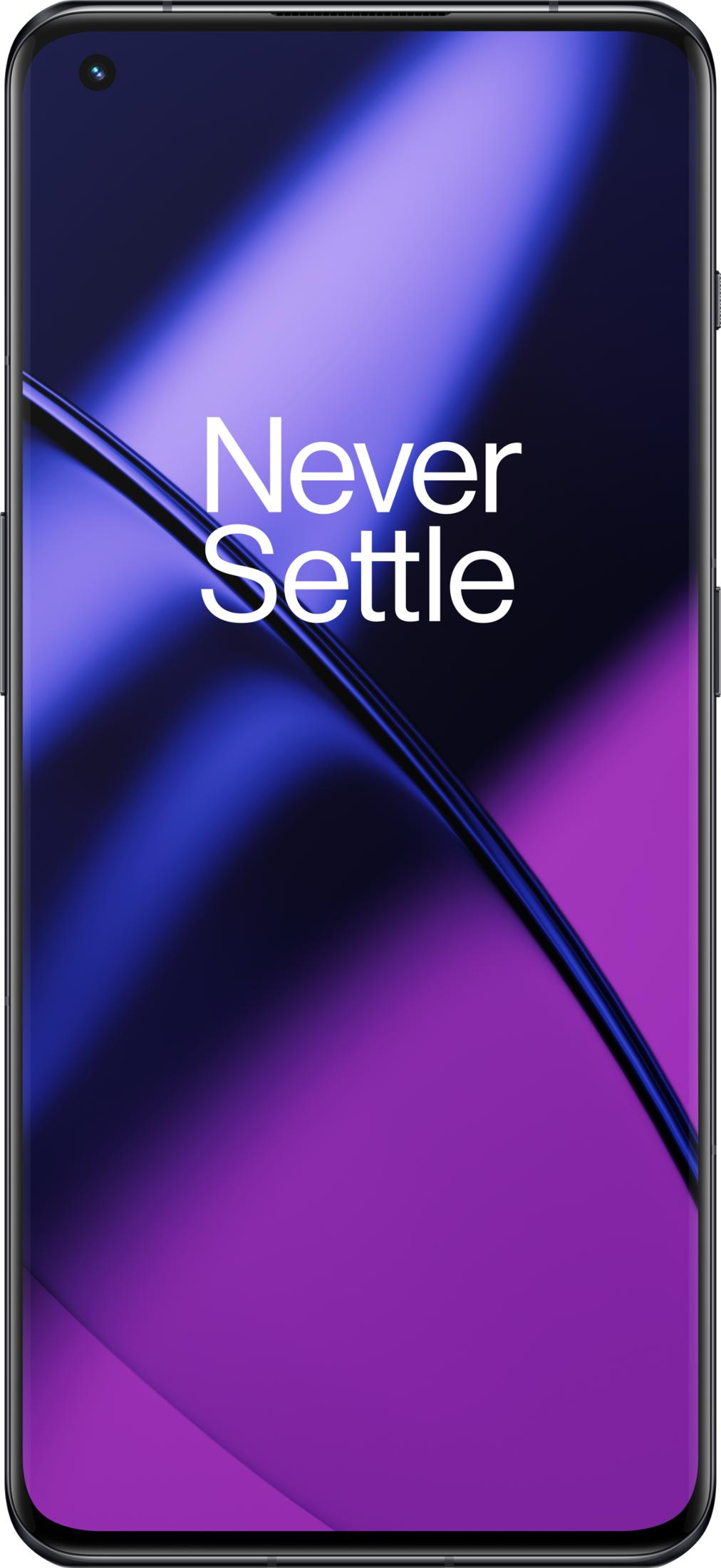 Un smartphone affichant « Never Settle » sur fond bleu et violet.