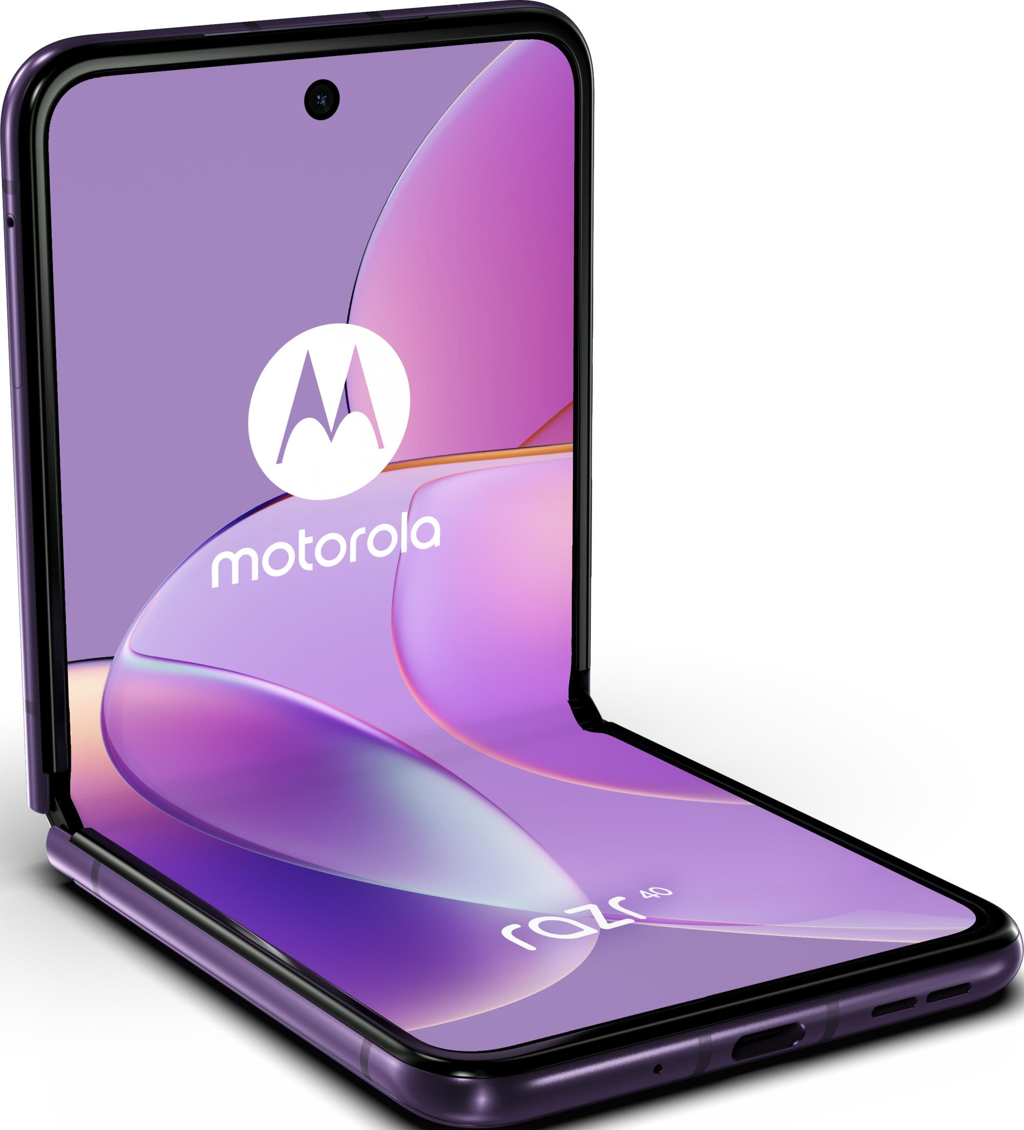 Fioletowy telefon Motorola Razr 40, częściowo otwarty, z logo Motorola na ekranie.