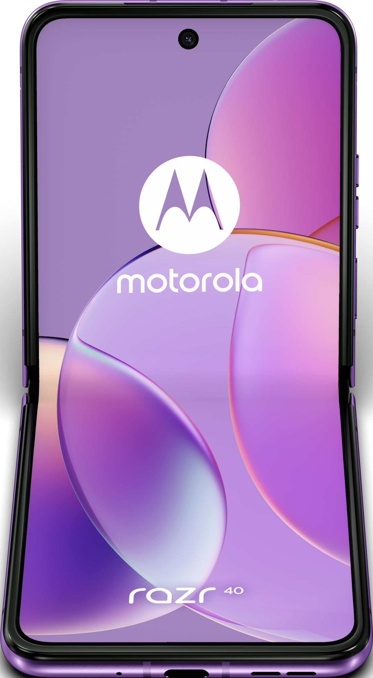 Fioletowy składany telefon Motorola Razr 40 z logo i napisem Motorola.