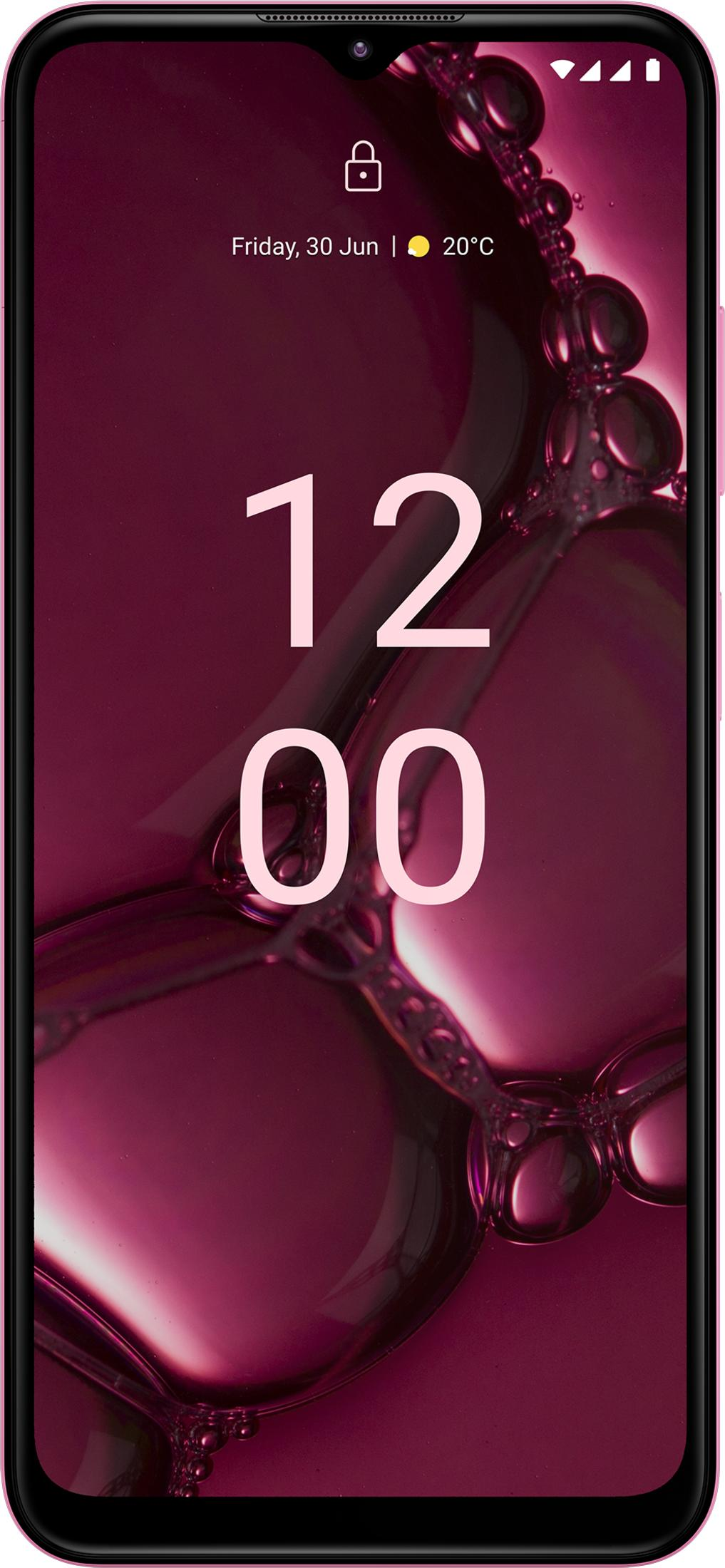 Ein Smartphone mit einer pinken Hintergrundgrafik von Seifenblasen und der Uhrzeit 12:00.