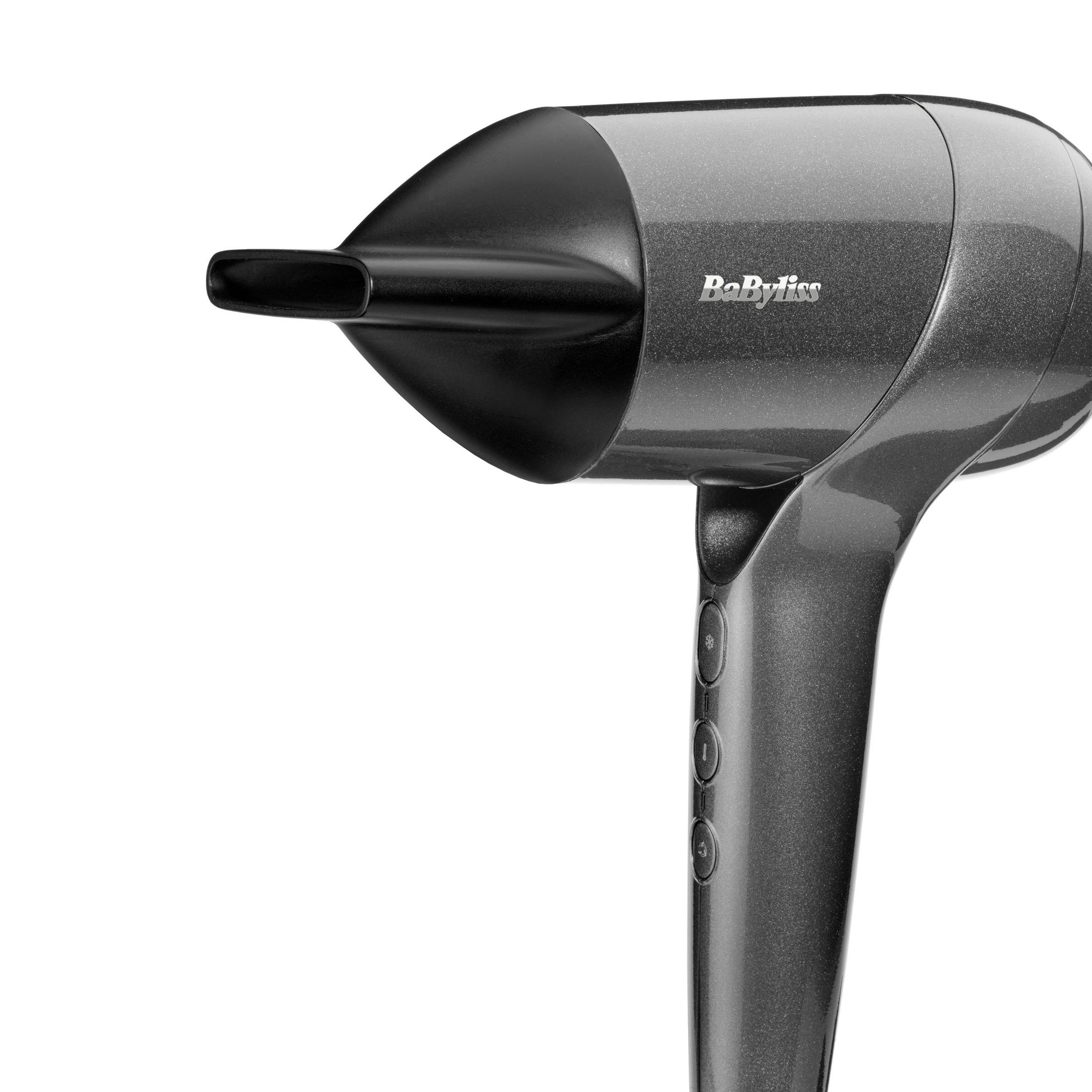 Asciugacapelli grigio scuro con logo Babyliss e pulsanti.