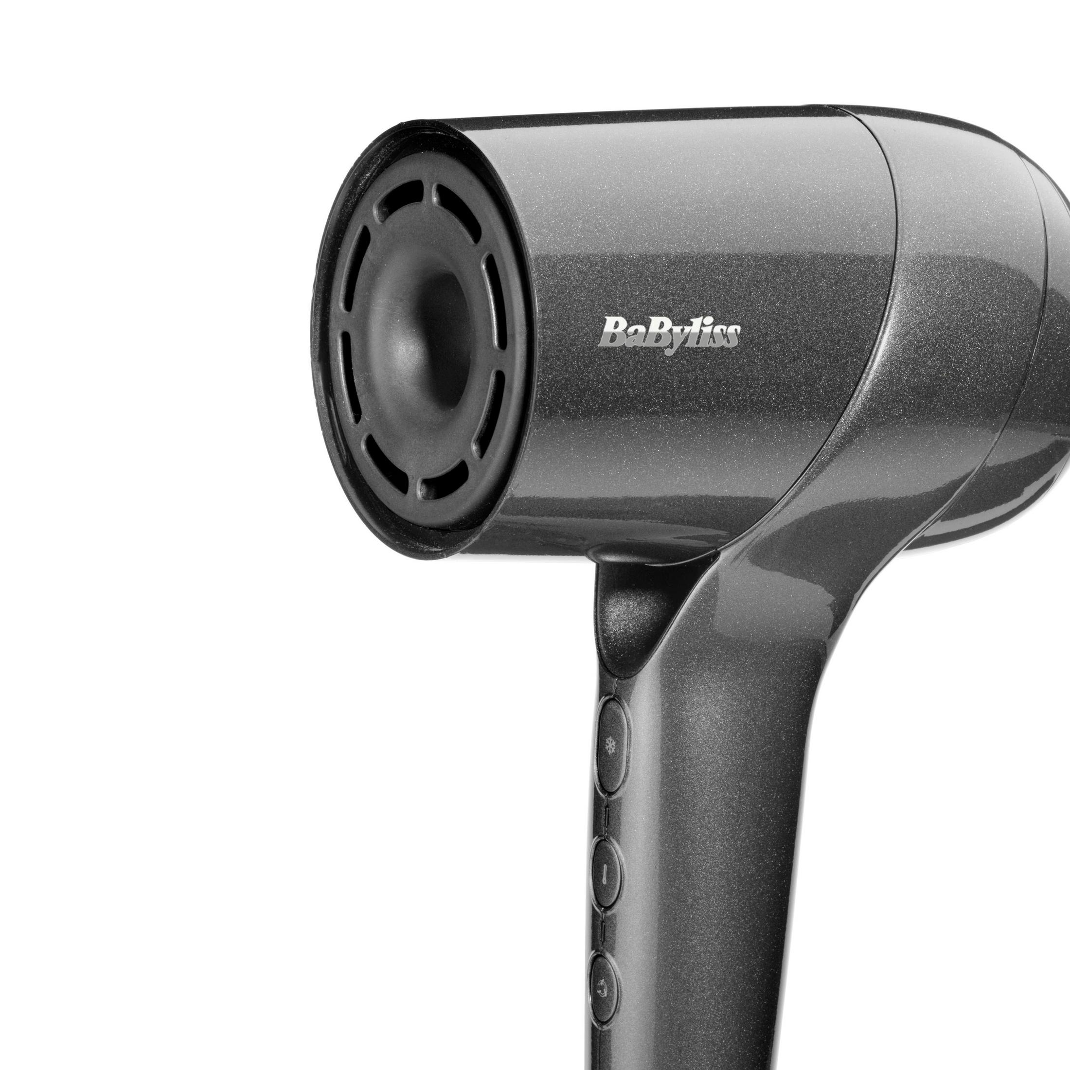 Asciugacapelli grigio scuro con logo BaByliss e pulsanti.