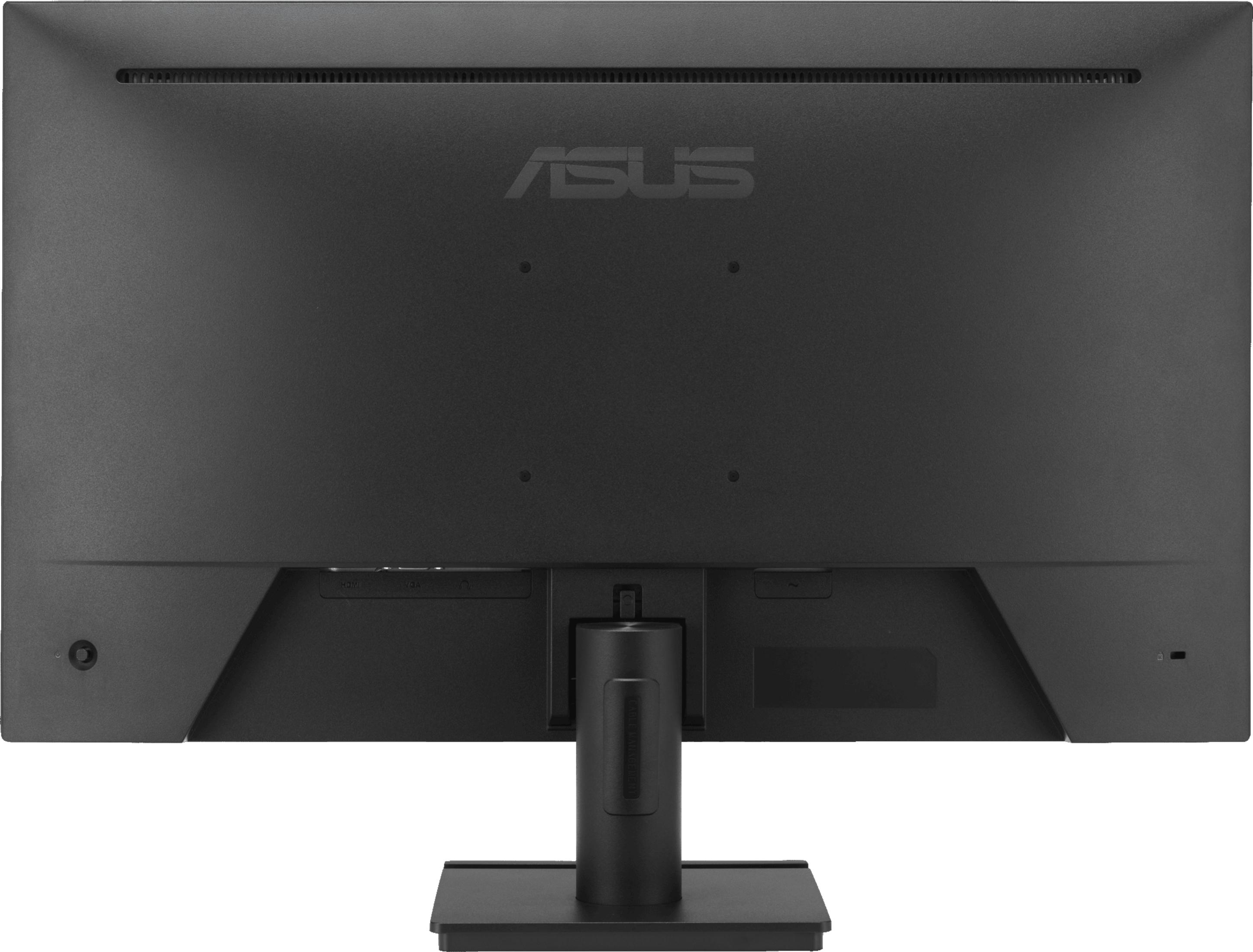 Back of a black Asus monitor with ports and ventilation slots.