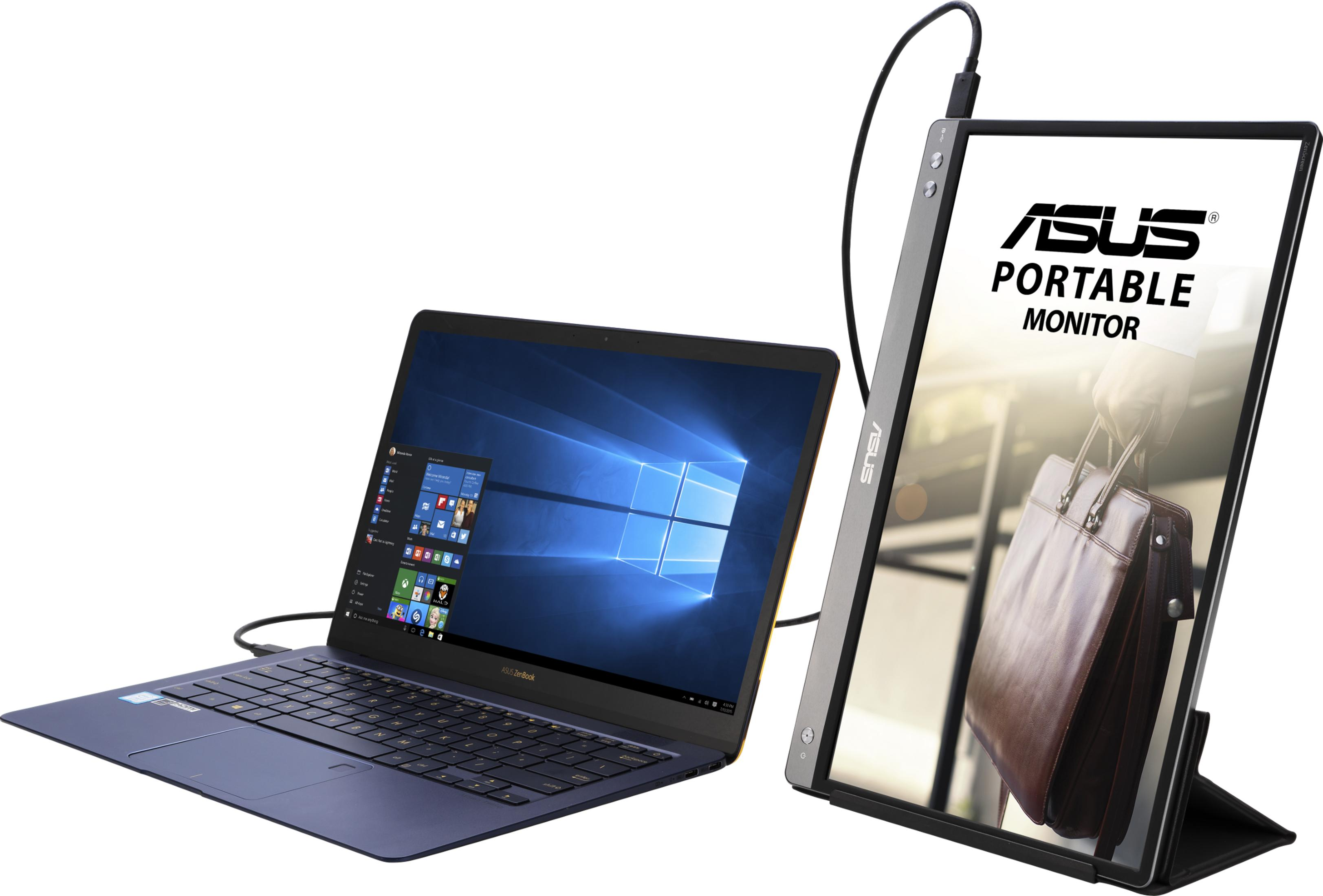 Niebieski laptop jest podłączony do przenośnego monitora ASUS.