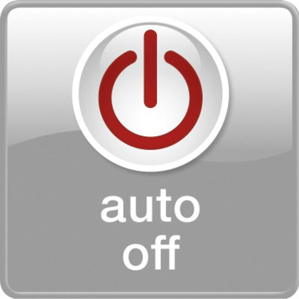 Icono de botón de encendido rojo con texto "auto off" sobre fondo gris.