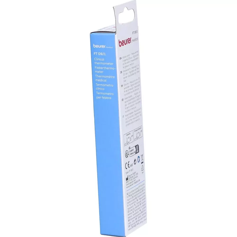 Beurer FT 09/1 thermometer packaging with multilingual instructions.