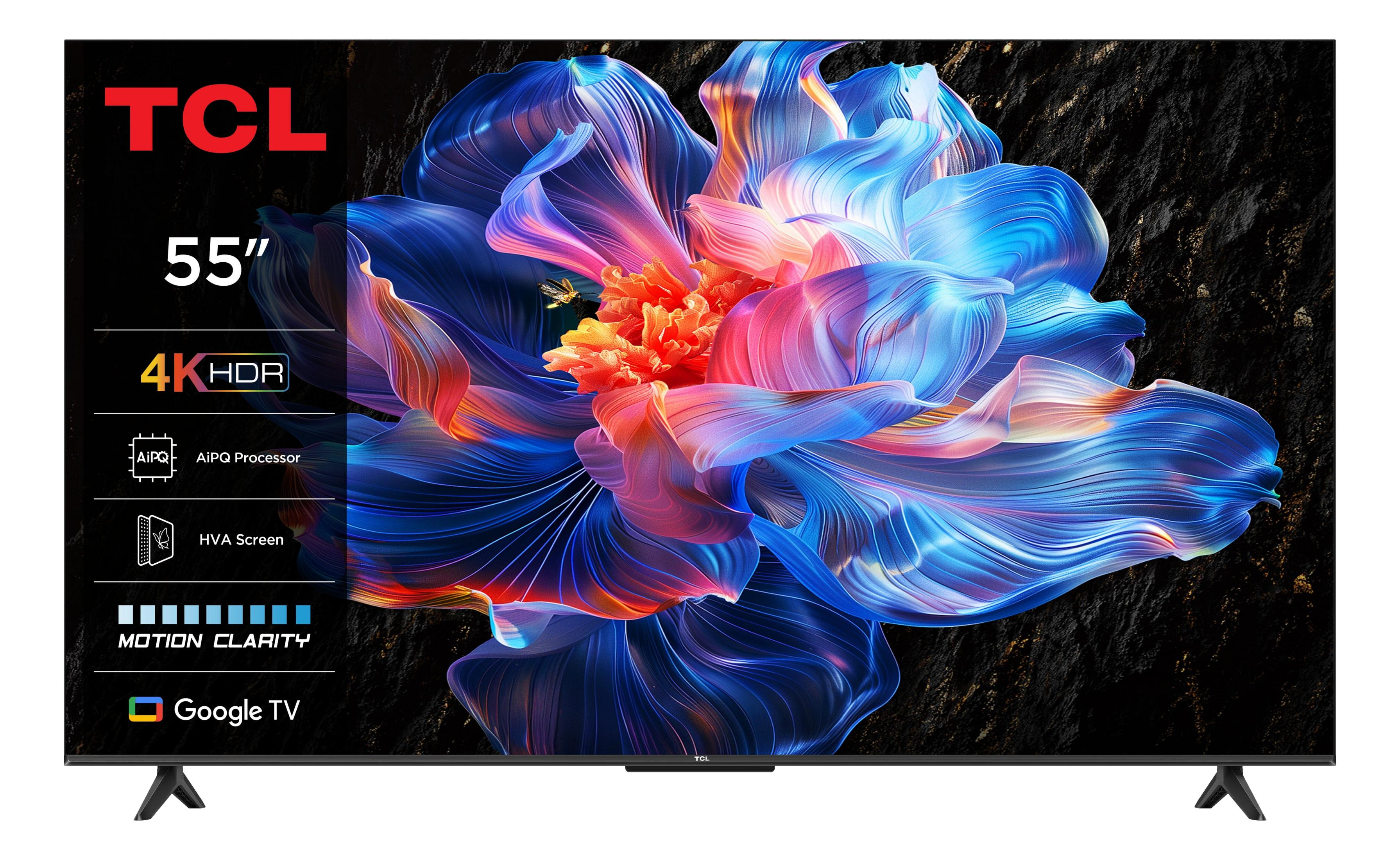 Telewizor TCL 55 cali 4K HDR wyświetlający kolorowy wzór kwiatowy, z Google TV.