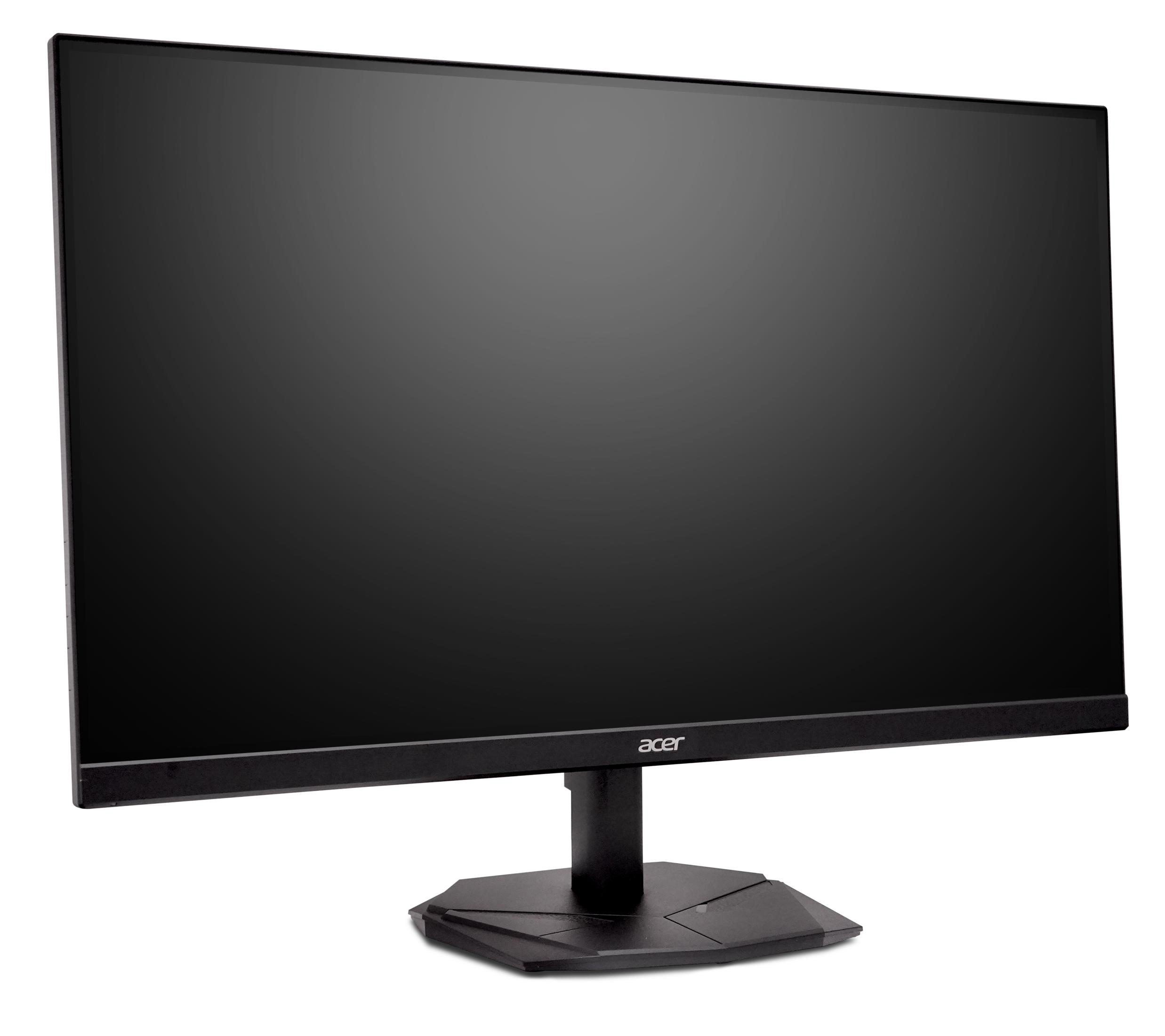Czarny monitor Acer z płaskim ekranem i trójkątną podstawą.