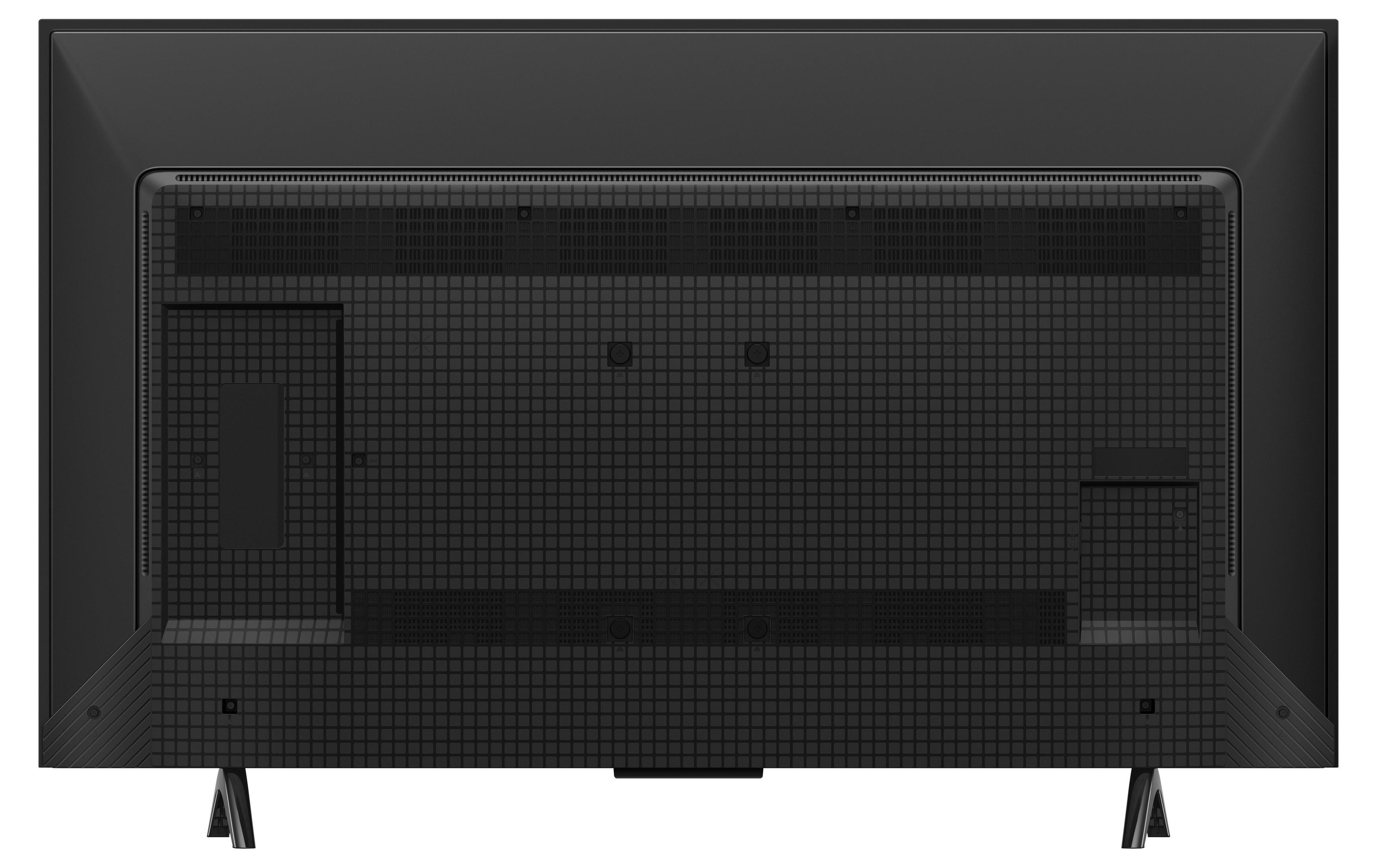 Tył czarnego telewizora z wzorem siatki i otworami wentylacyjnymi.