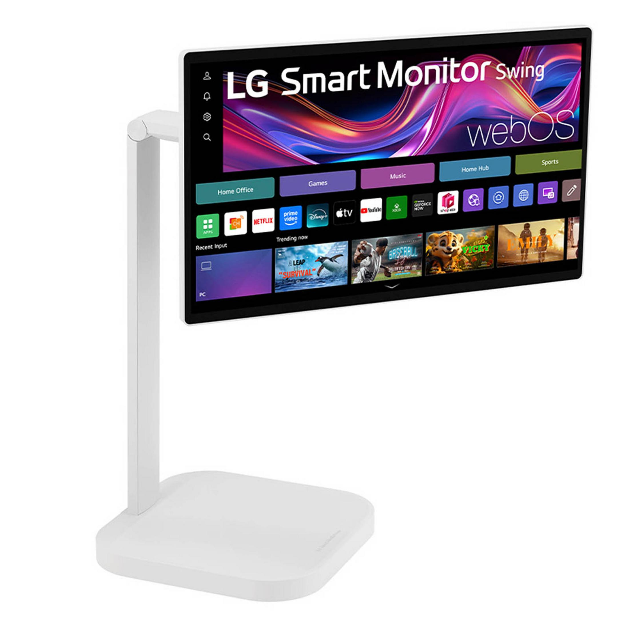 Een witte LG Smart Monitor Swing staat op een witte voet met een kleurrijk scherm.