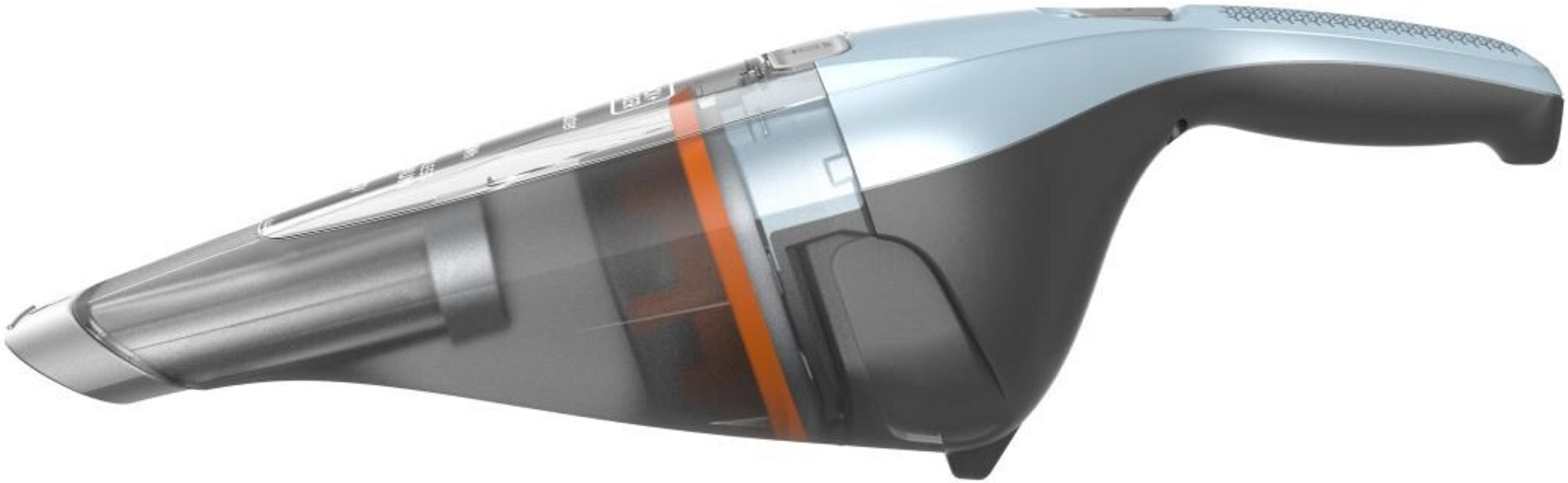 Un aspirateur portable bleu et gris avec bac transparent et accents orange.