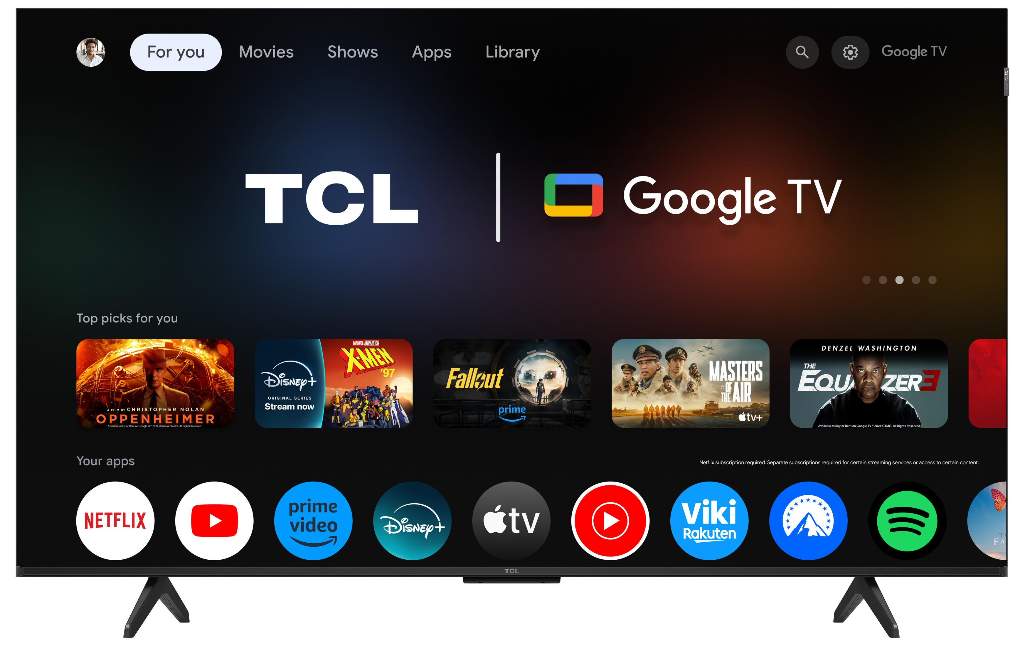 Ekran główny TCL Google TV z filmami Oppenheimer, X-Men, Fallout i aplikacjami.