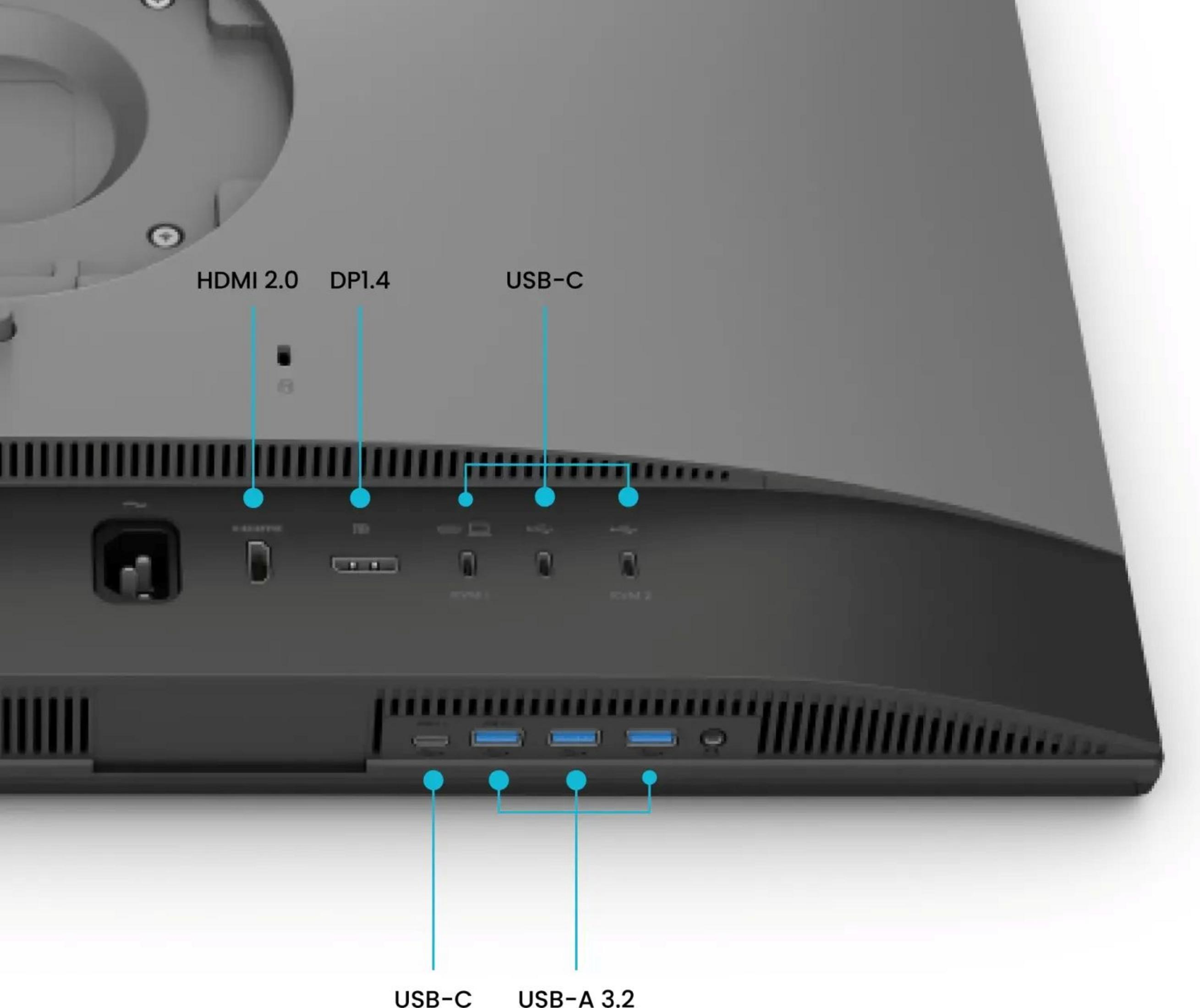 Achterkant van een monitor met poorten: HDMI, DP, USB-C en USB-A 3.2.