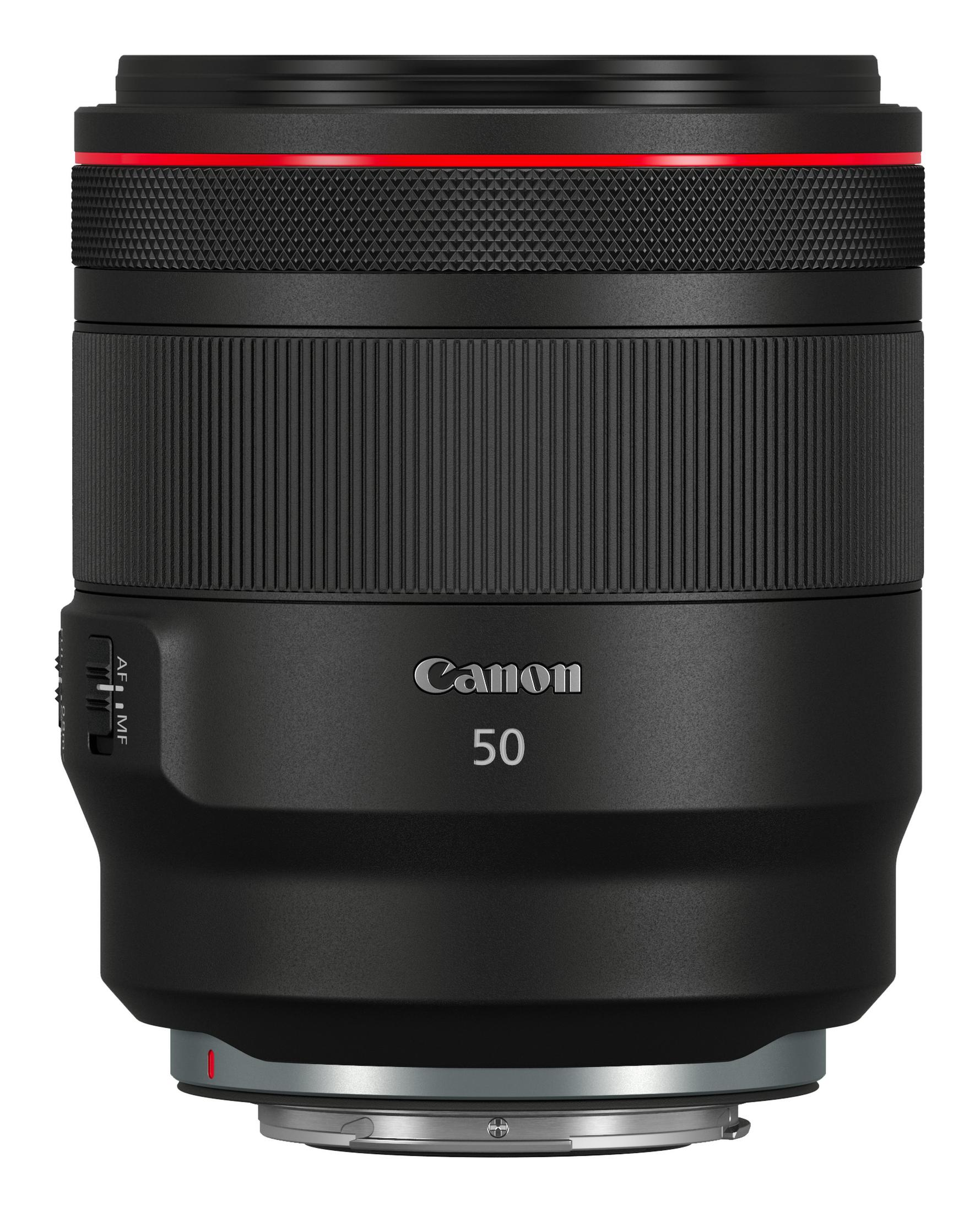 Obiettivo Canon 50mm nero con anello rosso e interruttore AF/MF.
