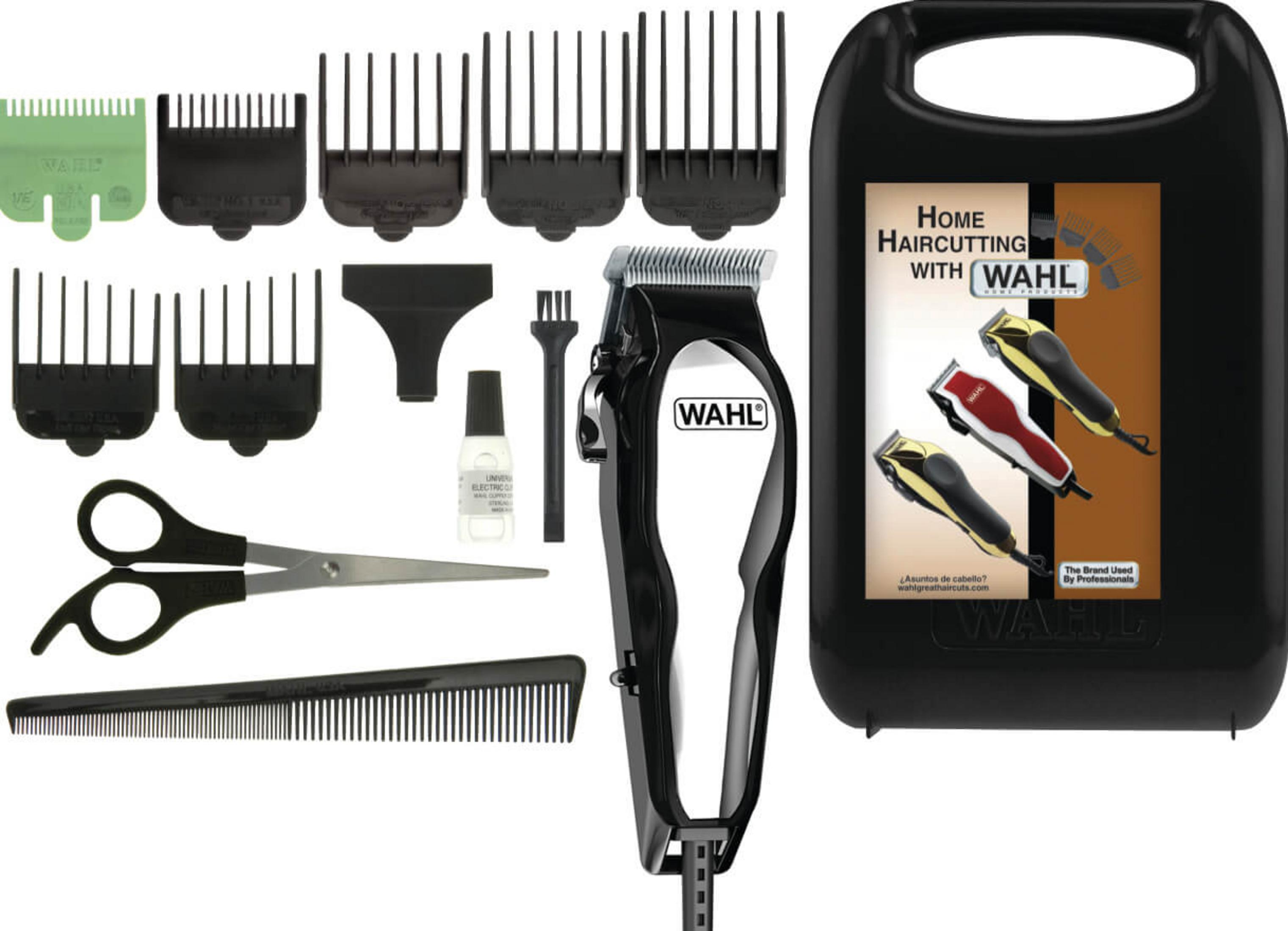 Ein Haarschneideset von Wahl mit Trimmer, Scheren, Kamm und Aufsätzen.