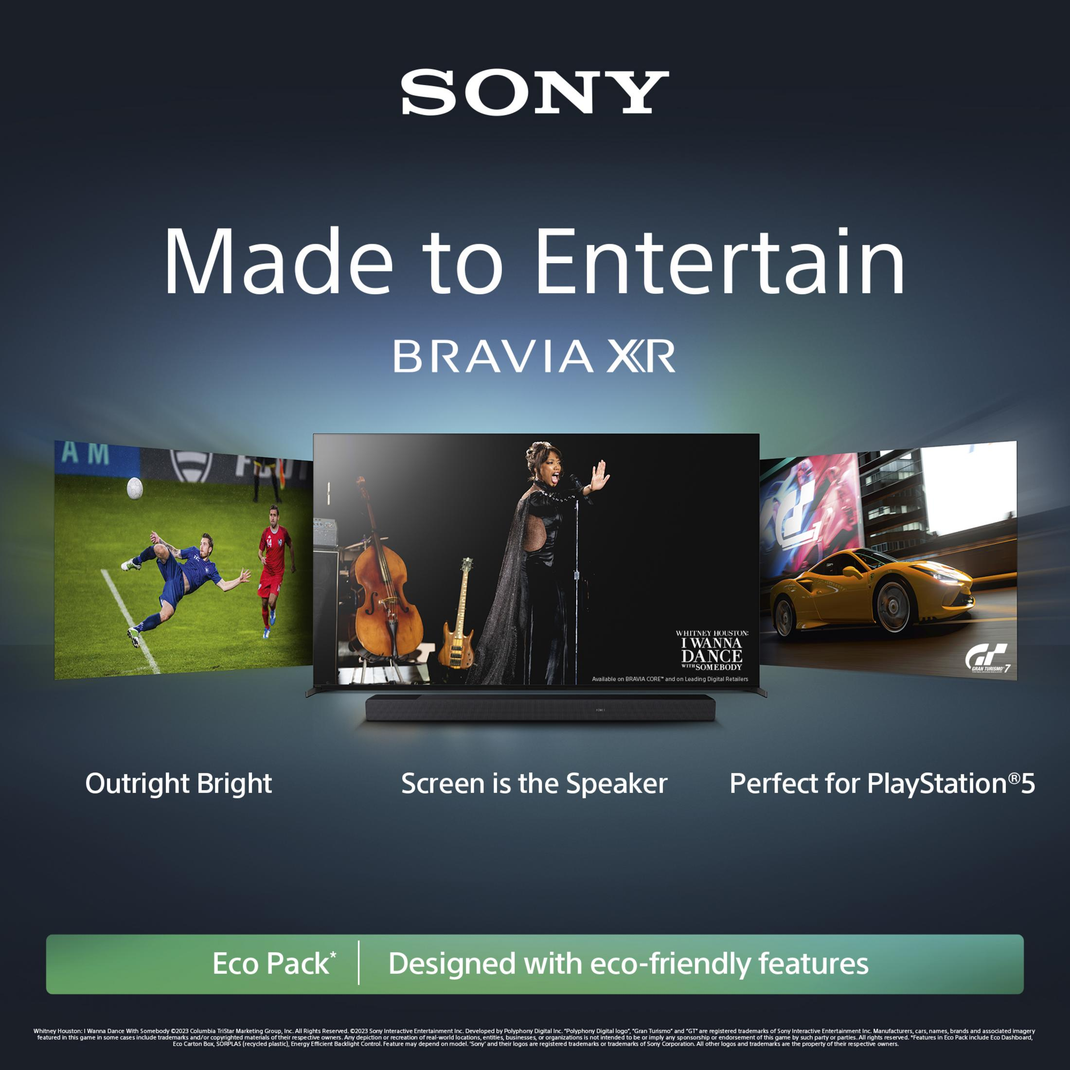 TV Sony Bravia XR mostra calcio, concerto, auto; con slogan "Fatto per intrattenere".
