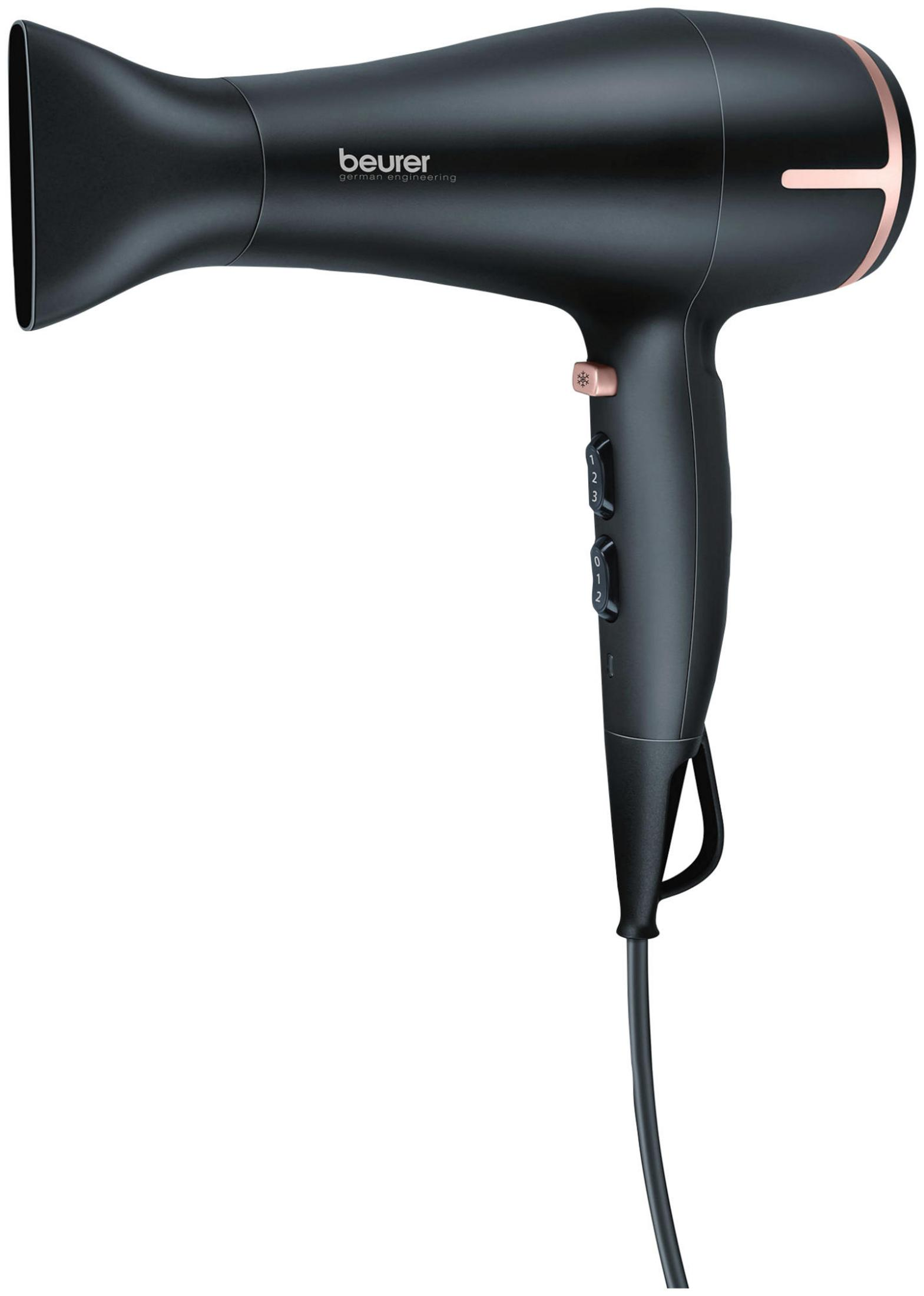 Asciugacapelli nero con accenti oro rosa e controlli.