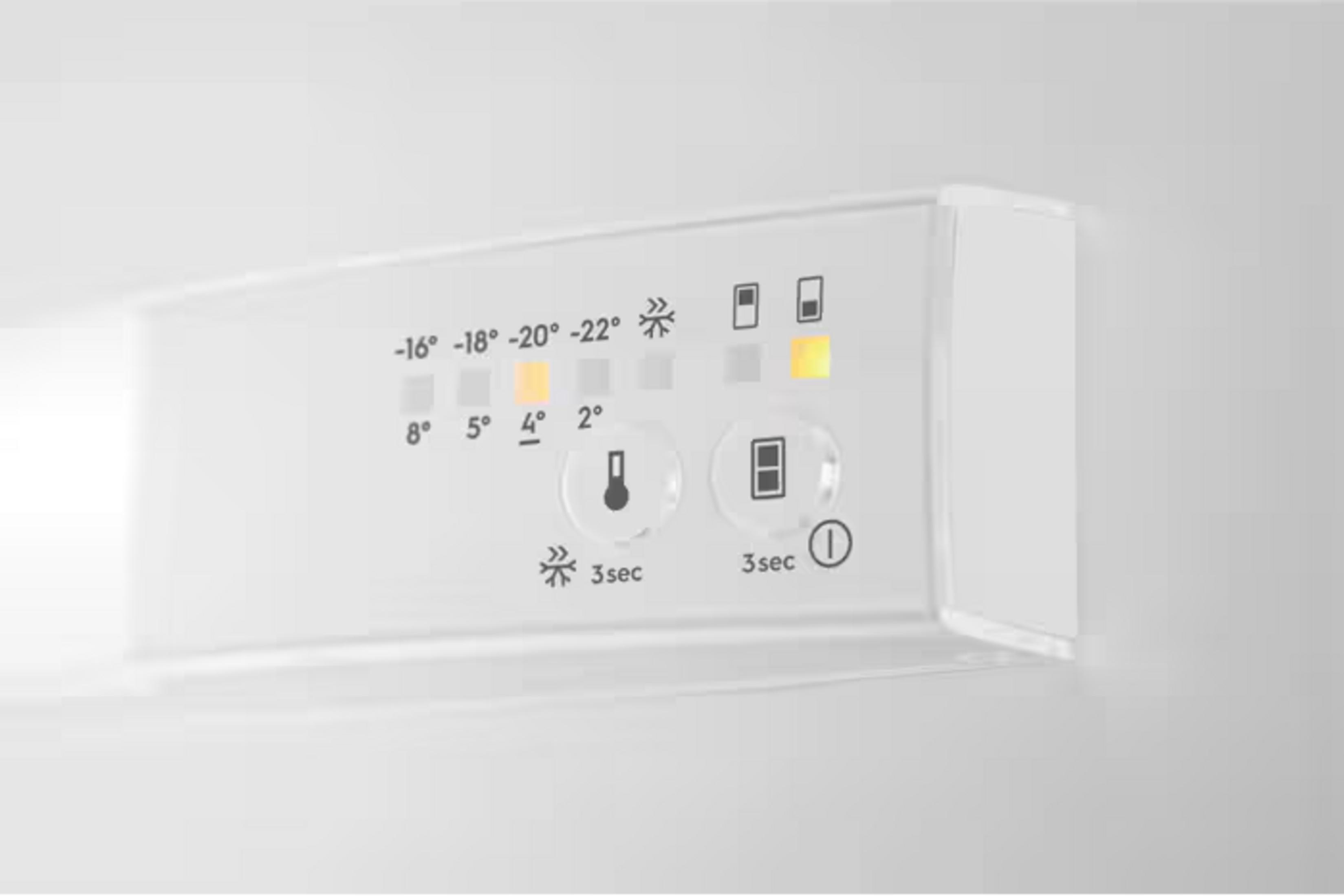 Pannello di controllo del frigorifero con impostazioni di temperatura e icone.