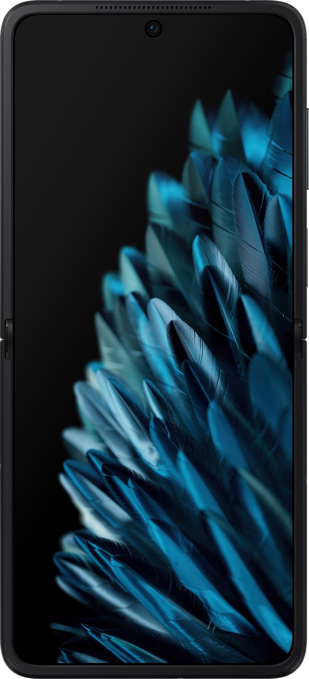 Ein schwarzes Smartphone mit geöffnetem Bildschirm, der blaue Federn zeigt.