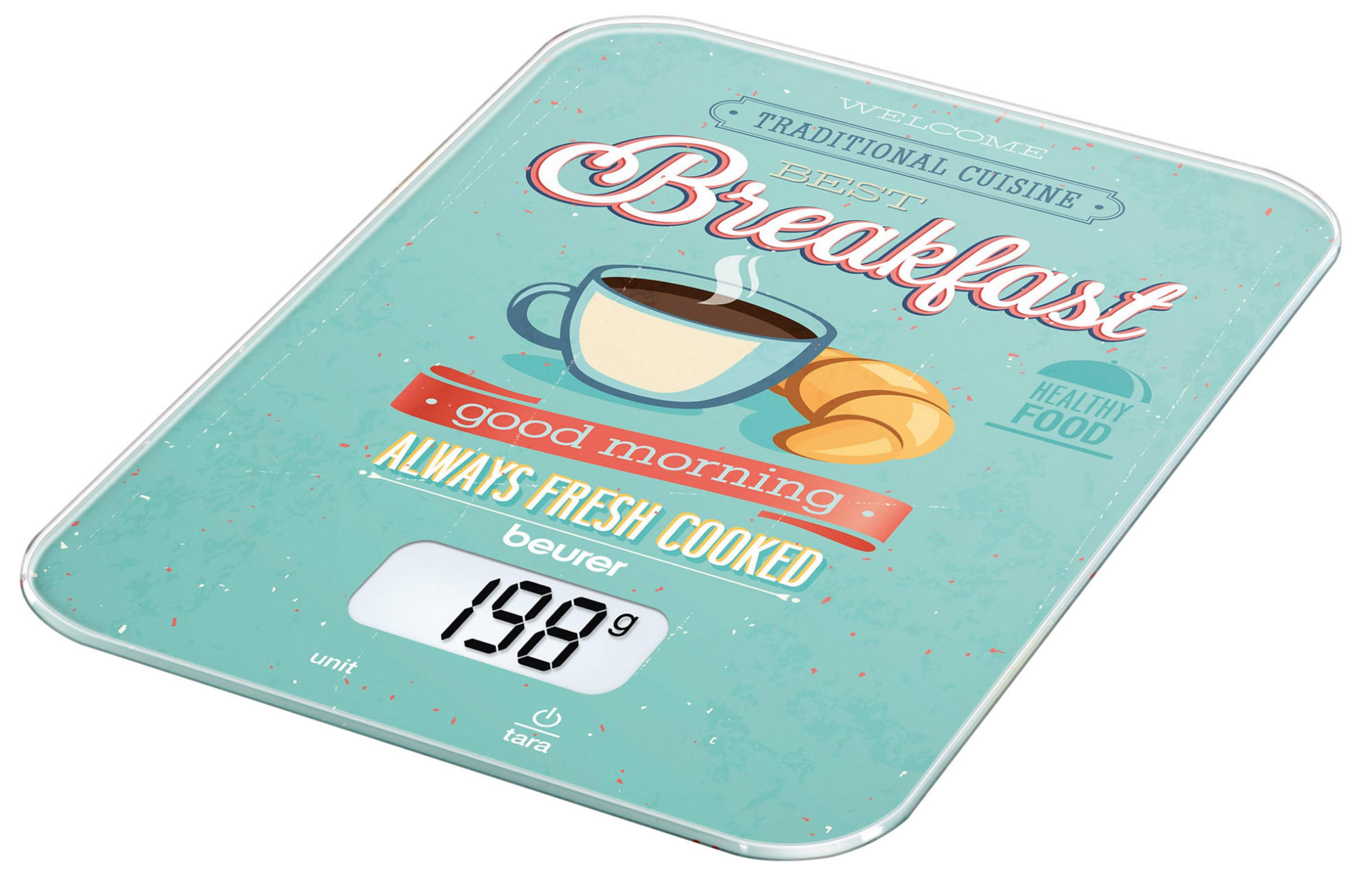 Una bilancia da cucina a tema colazione: caffè, croissant, testo e display digitale.