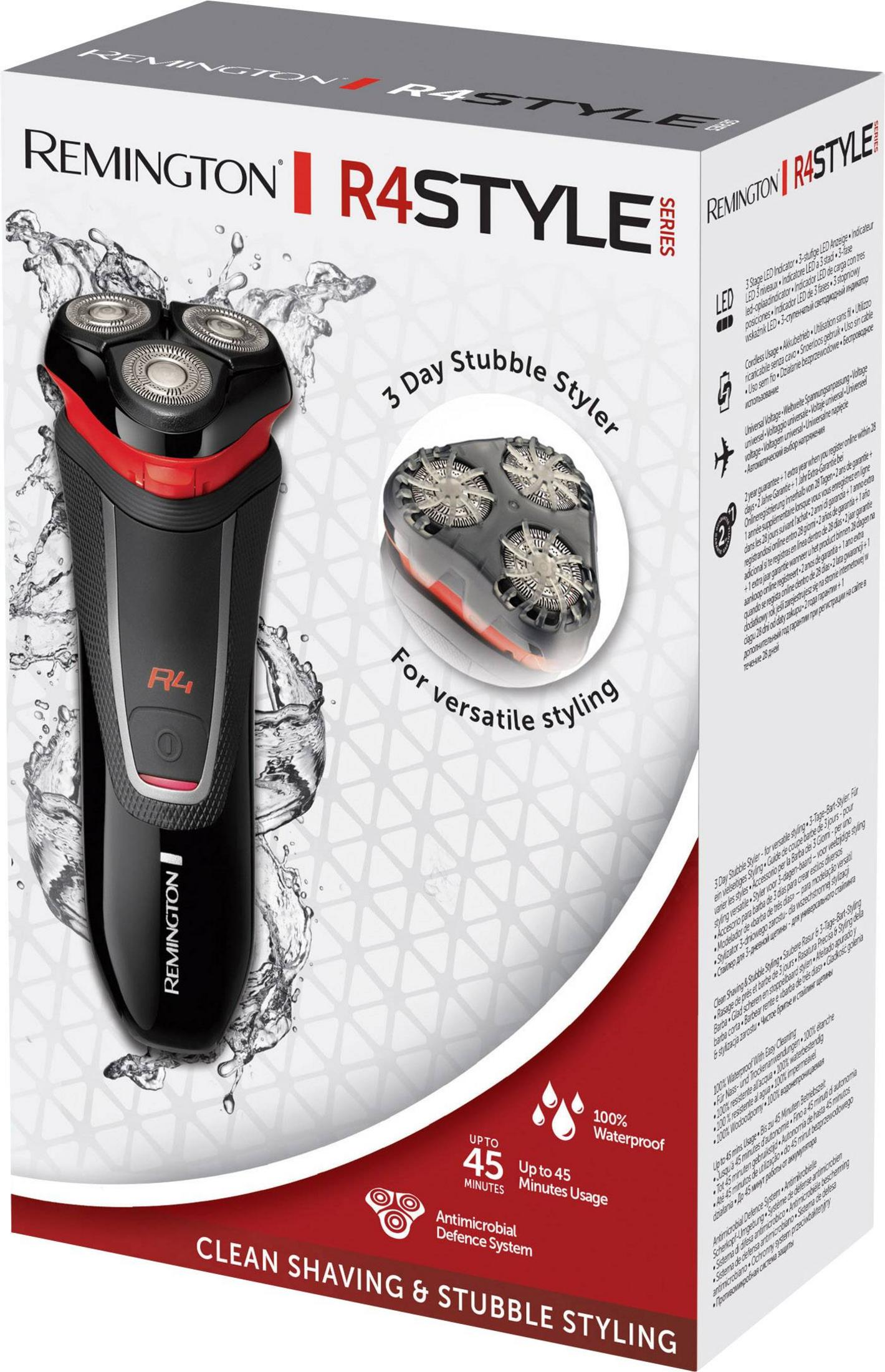 Golarka elektryczna Remington R4 Style z obrotowymi głowicami i wodą.