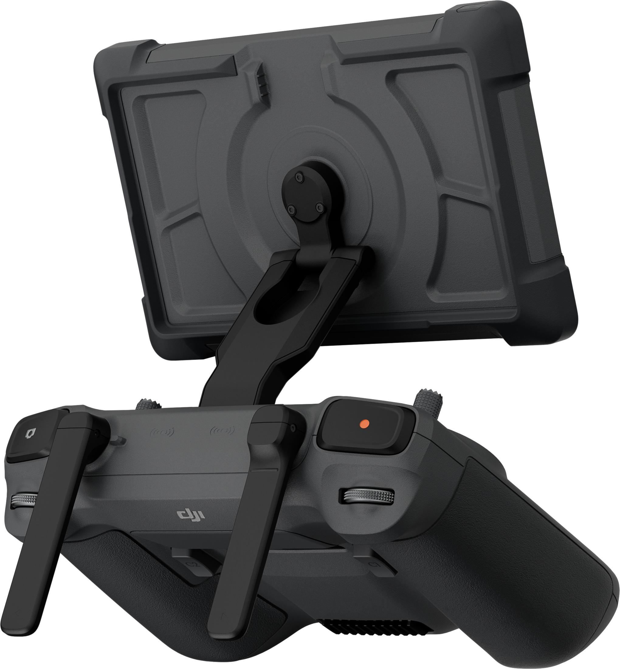 Schwarzer Drohnen-Controller mit Tablet-Halterung und Steuerknüppeln.