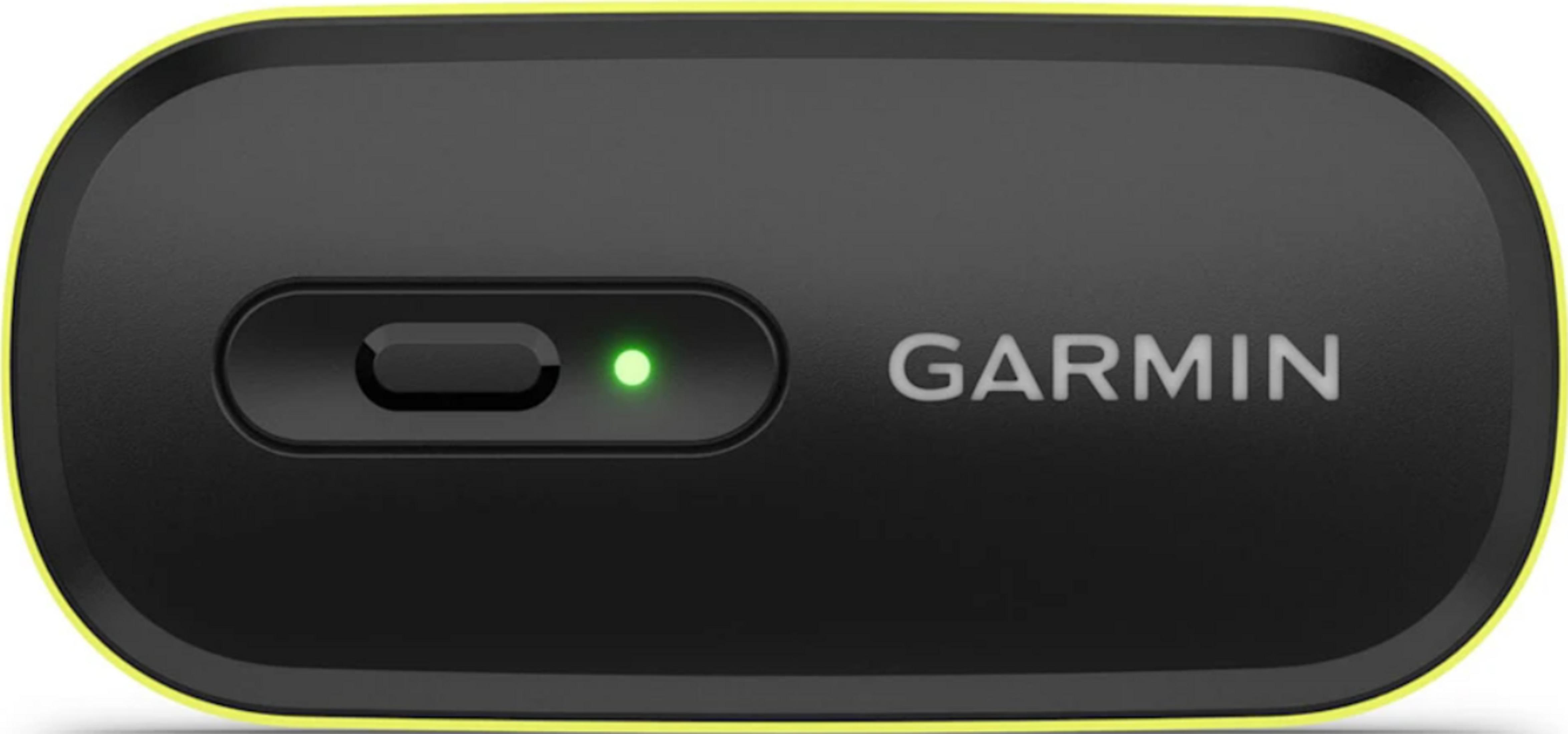 Czarne urządzenie Garmin z żółtą krawędzią i zieloną diodą.