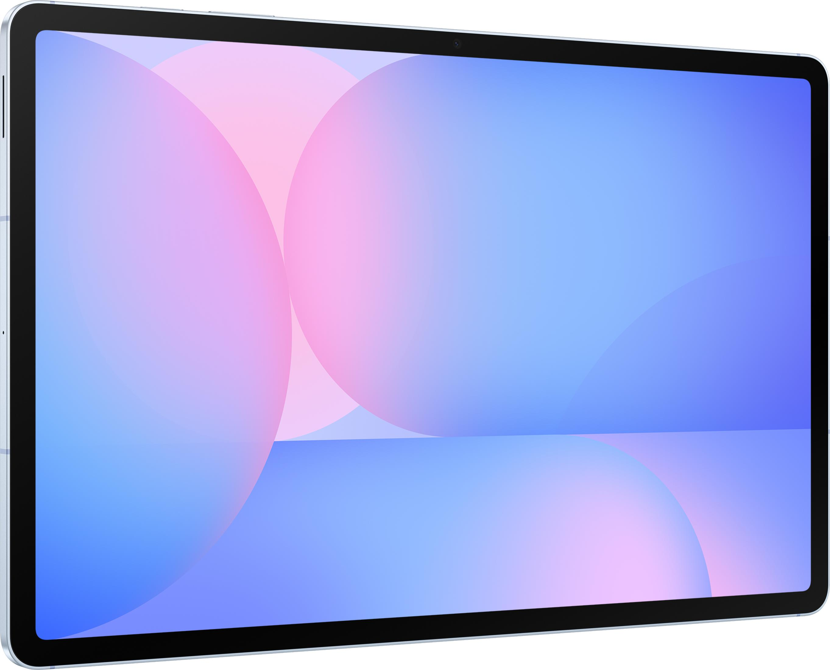 Una tableta plateada con un degradado de púrpura a azul en la pantalla.