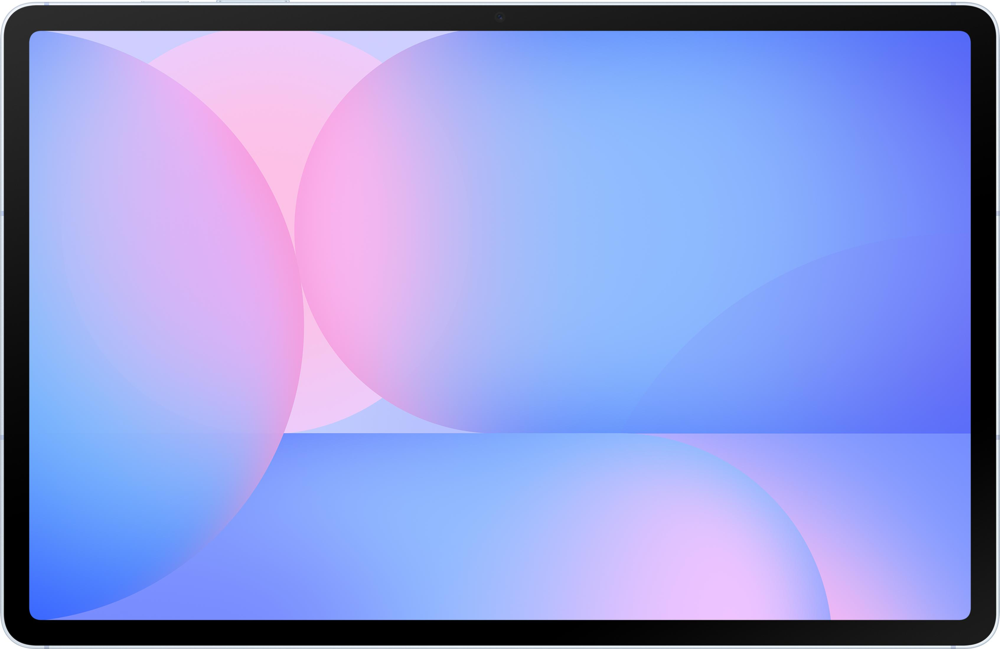 Una tableta que muestra un fondo abstracto en degradados rosas y azules.