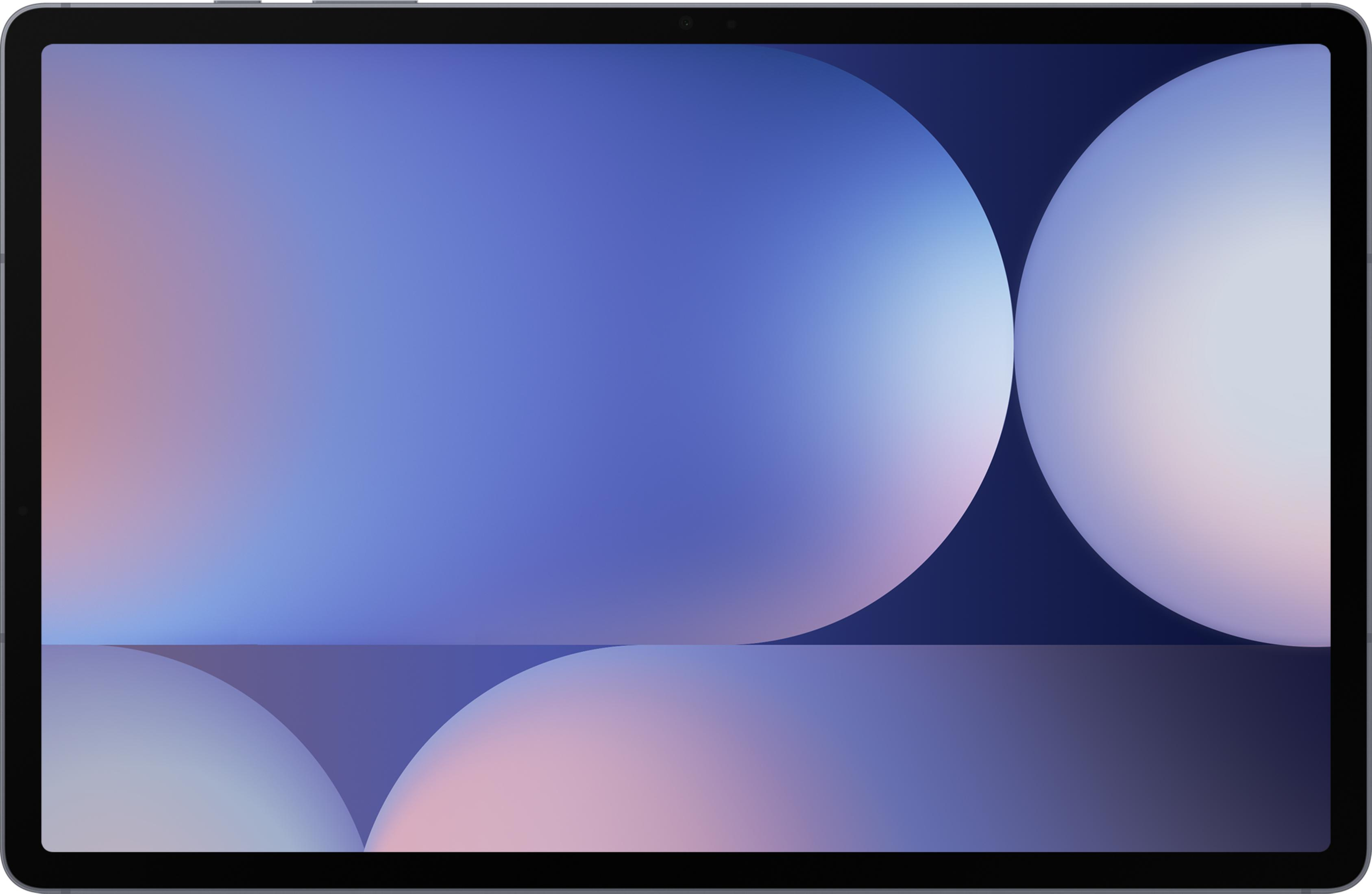 Tablet z abstrakcyjnym tłem niebieskich i fioletowych kół.