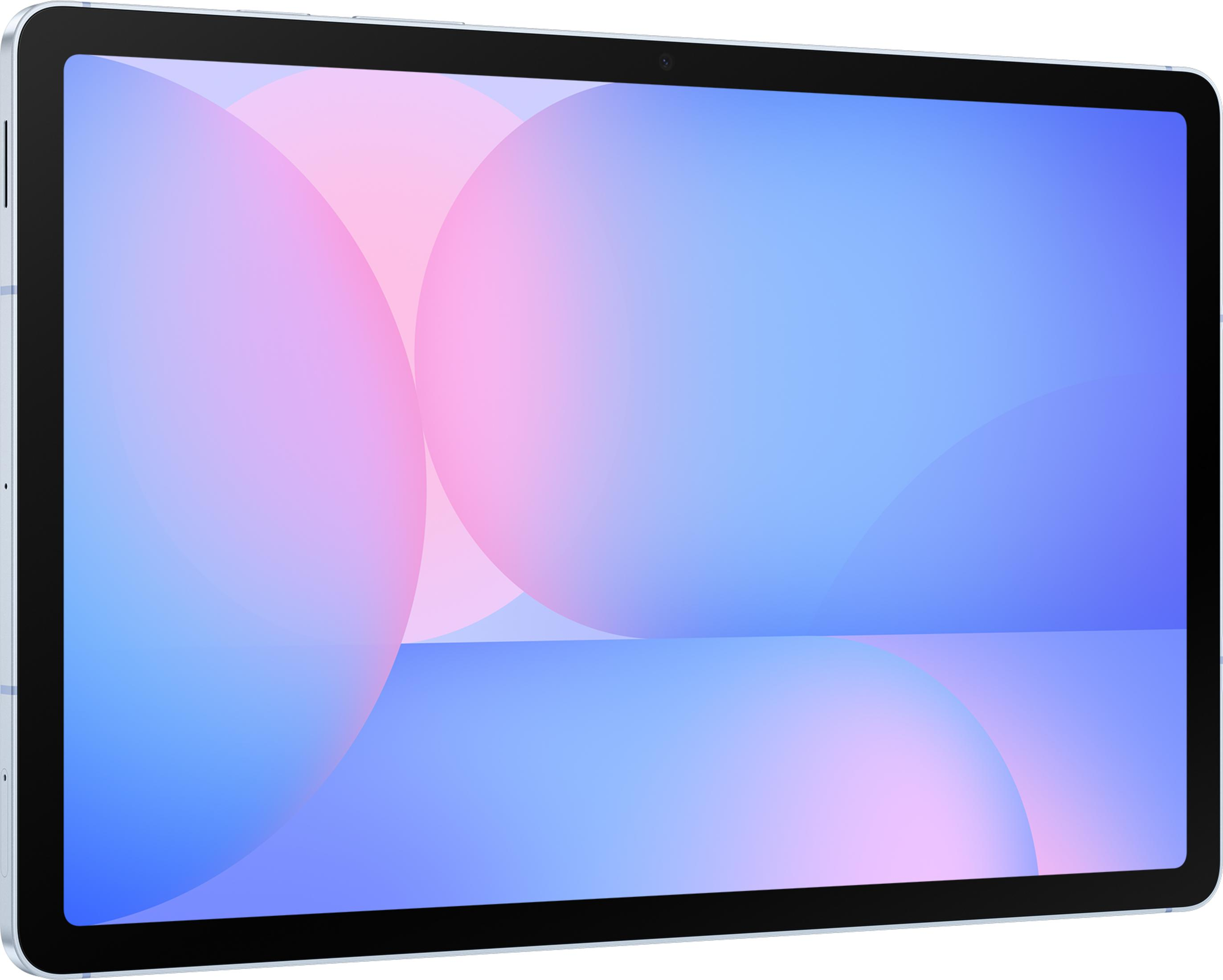 Un tablet azzurro con uno sfondo sfumato rosa e blu.