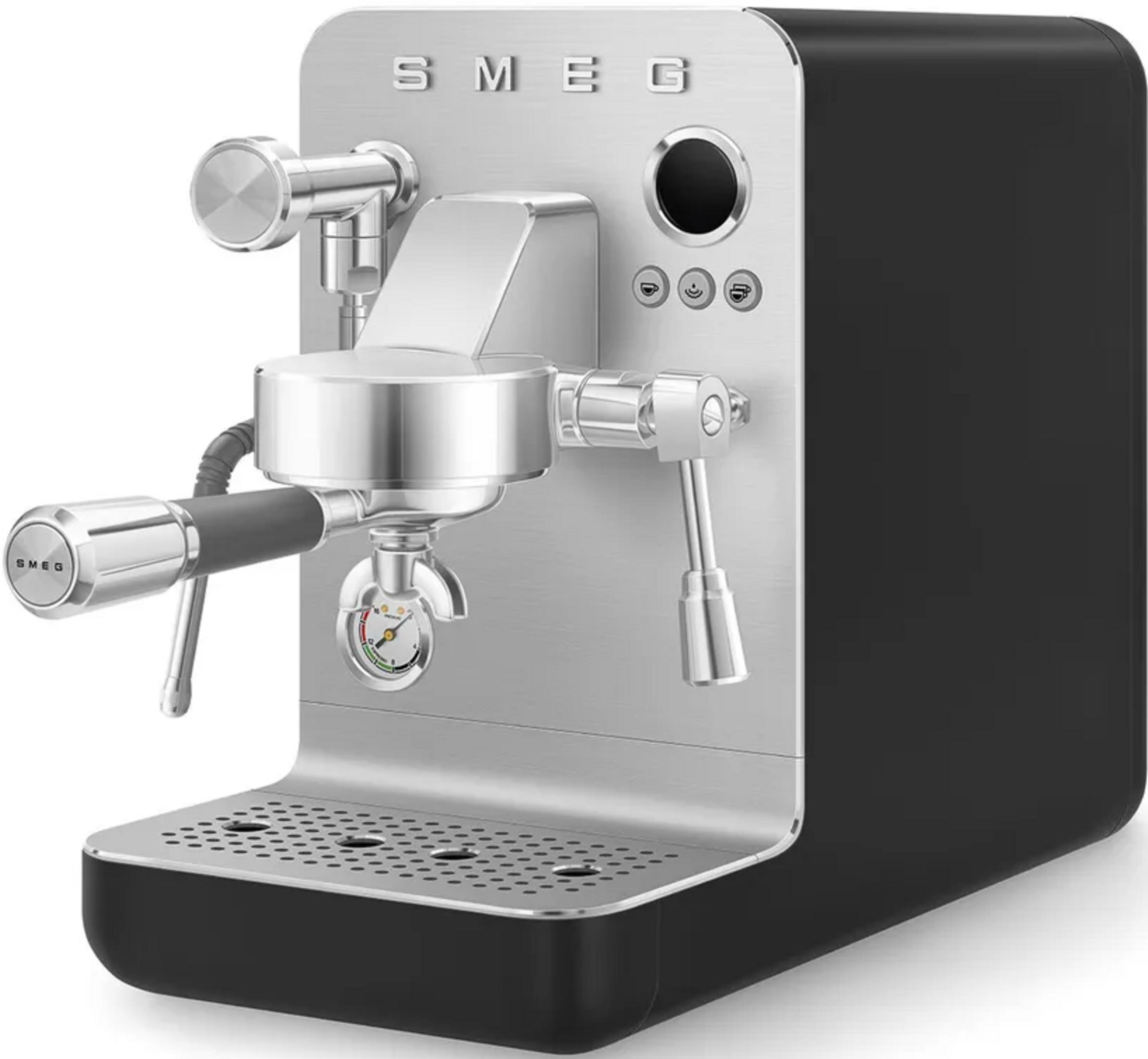 Eine silberne und schwarze Espressomaschine mit Griff, Druckanzeige und Knöpfen.