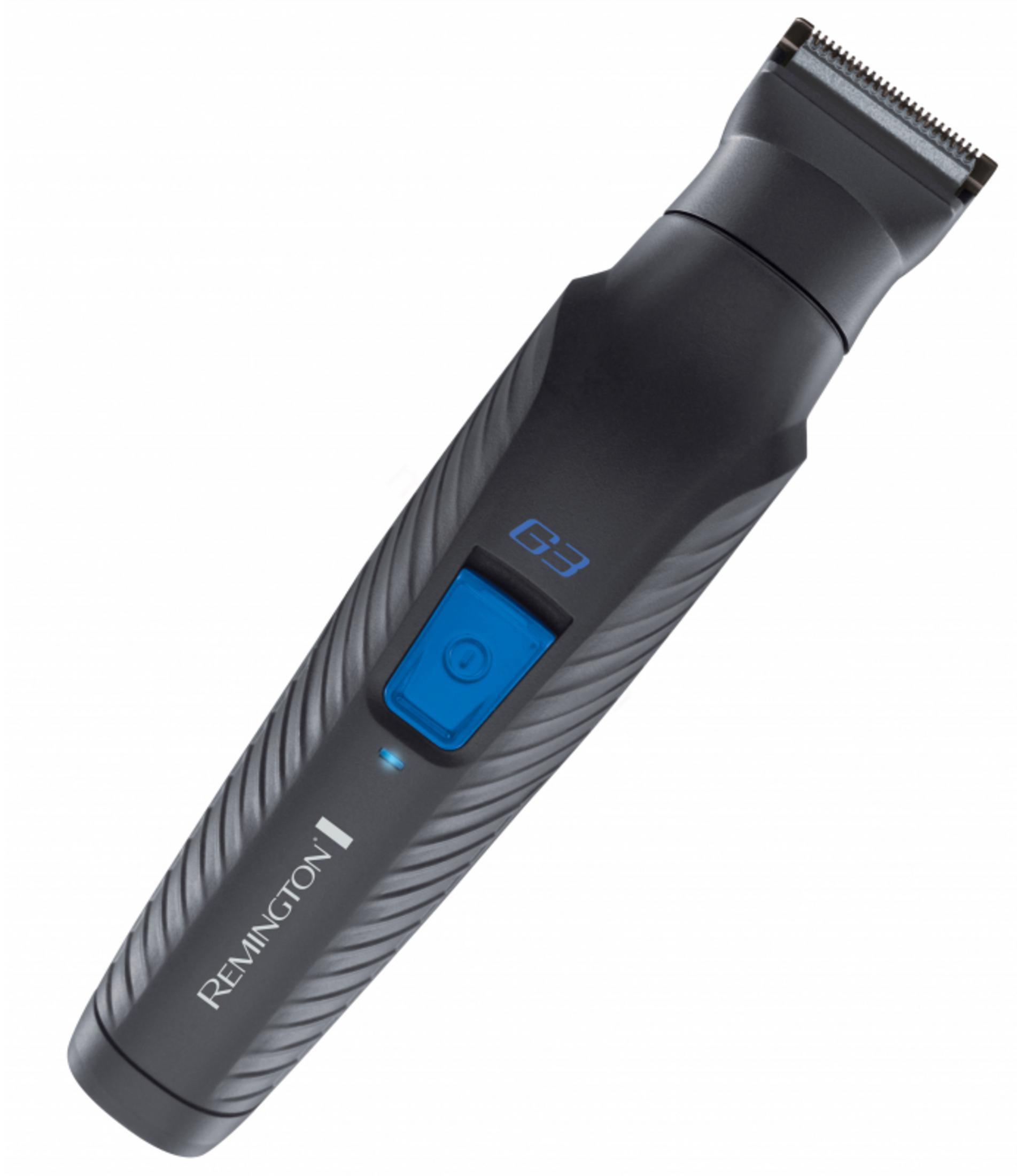 Recortadora Remington G3 negra con botón azul y pantalla LED.