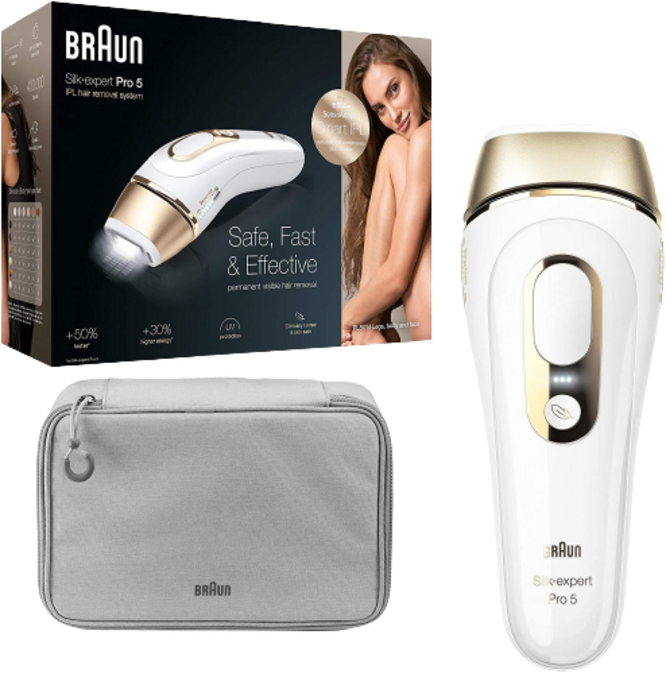 Braun Silk-expert Pro 5 IPL tüy dökücü, seyahat çantası ve ambalajı.